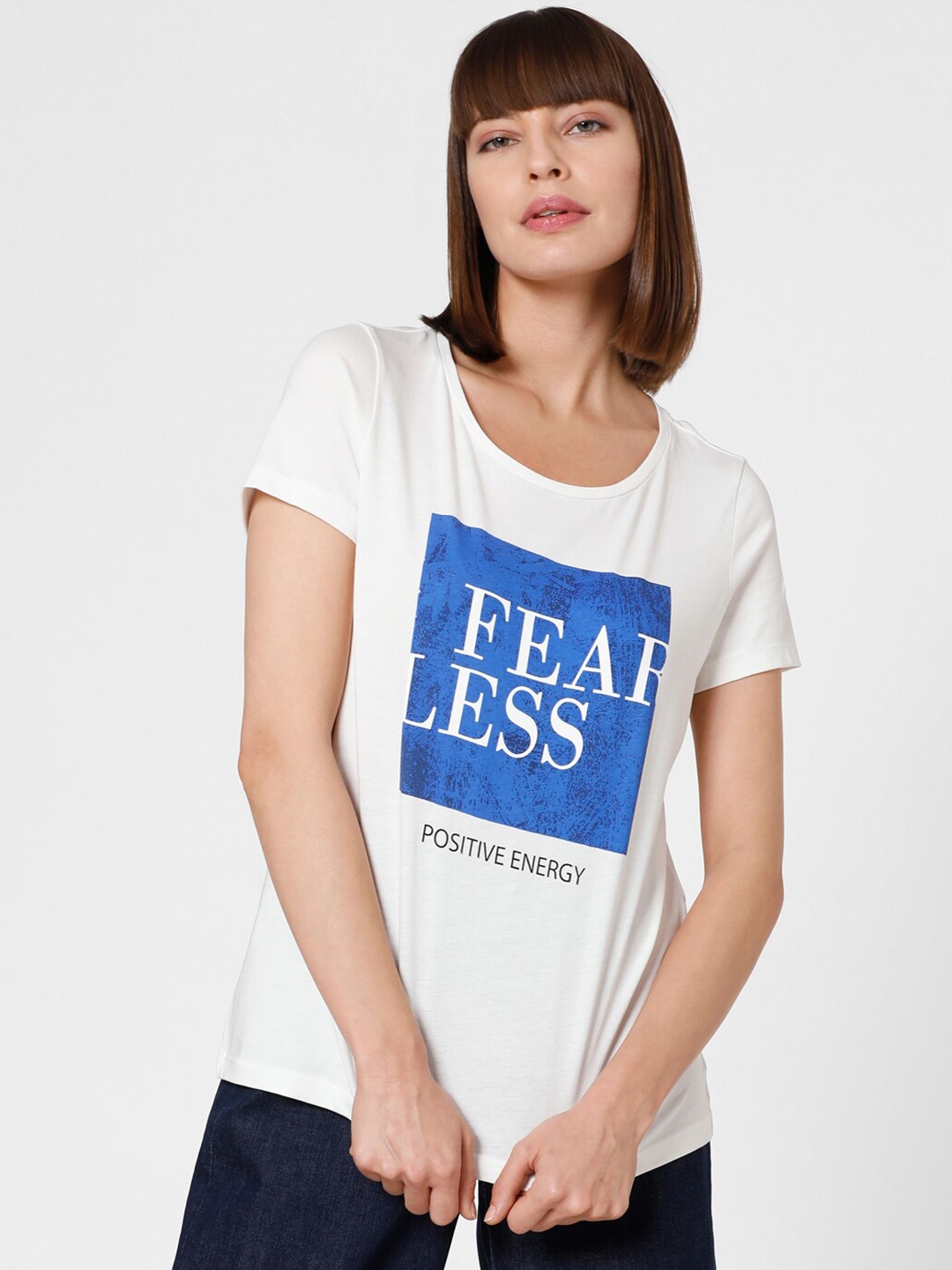 

Vero Moda Typography Printed Round Neck Cotton T-shirt, White
