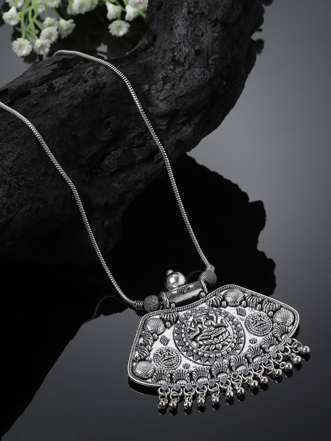 

Sanjog German Silver-Plated Temple Lakshmi Design Pendant Oxidised Necklace