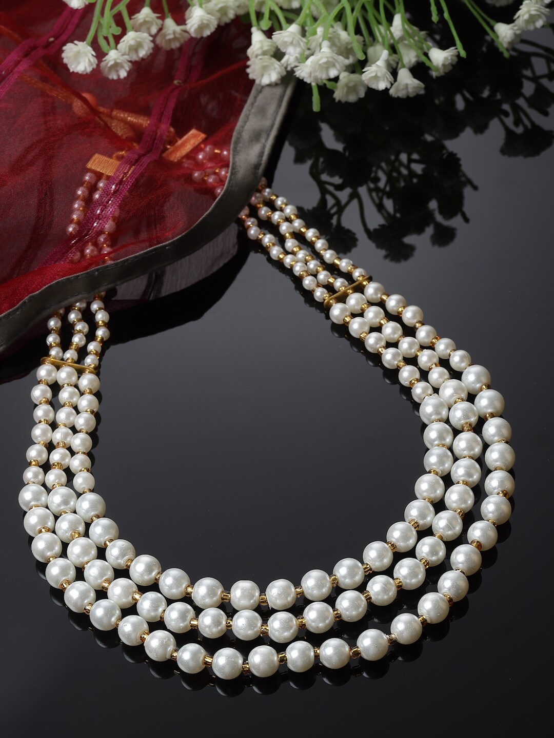 

Sanjog White & Gold-Toned Layered Moti Mala Haar Pearl Necklace