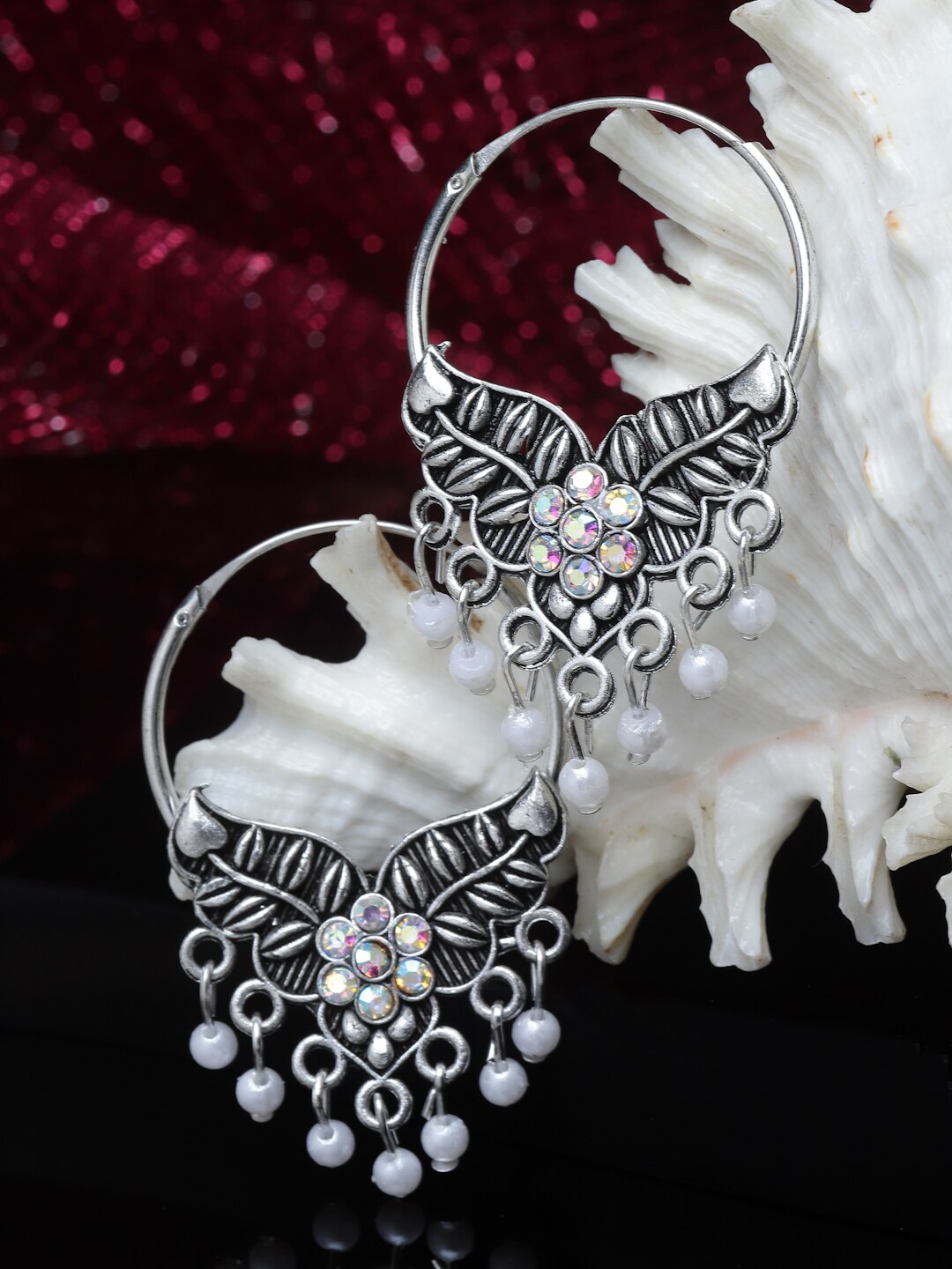 

Sanjog Silver Plated Stone Studded CZ German Silver Crescent Shaped Hoop Oxidised Earrings