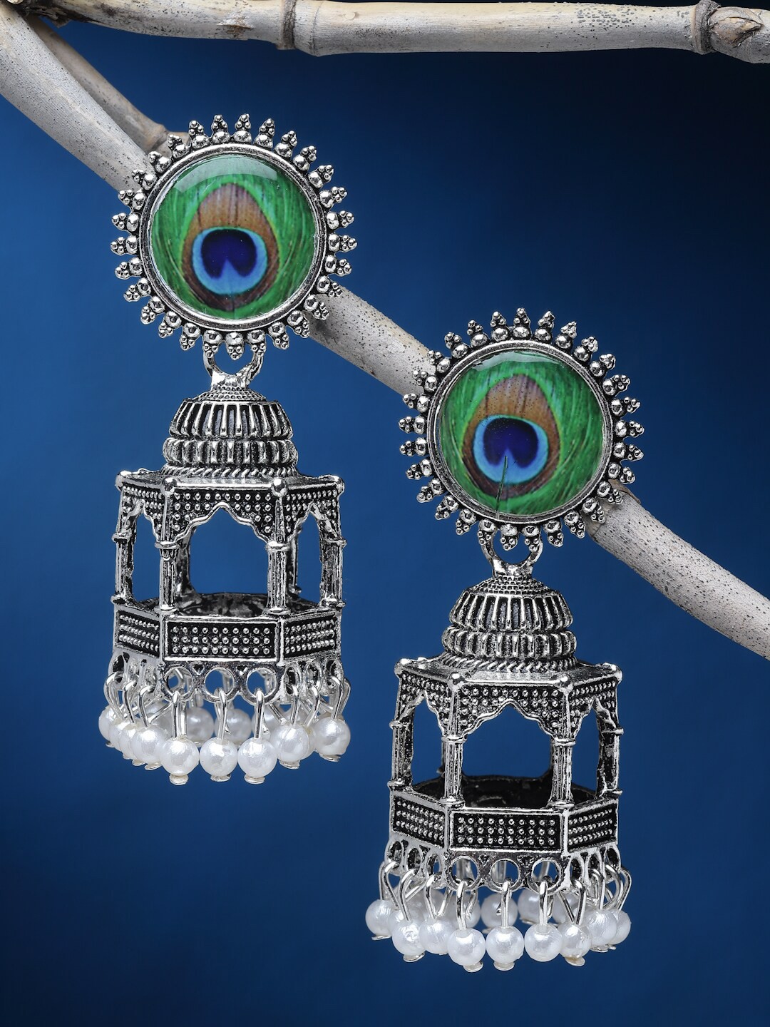 

Sanjog German Silver Peacock Design Dome Shaped Drop Oxidised Earrings