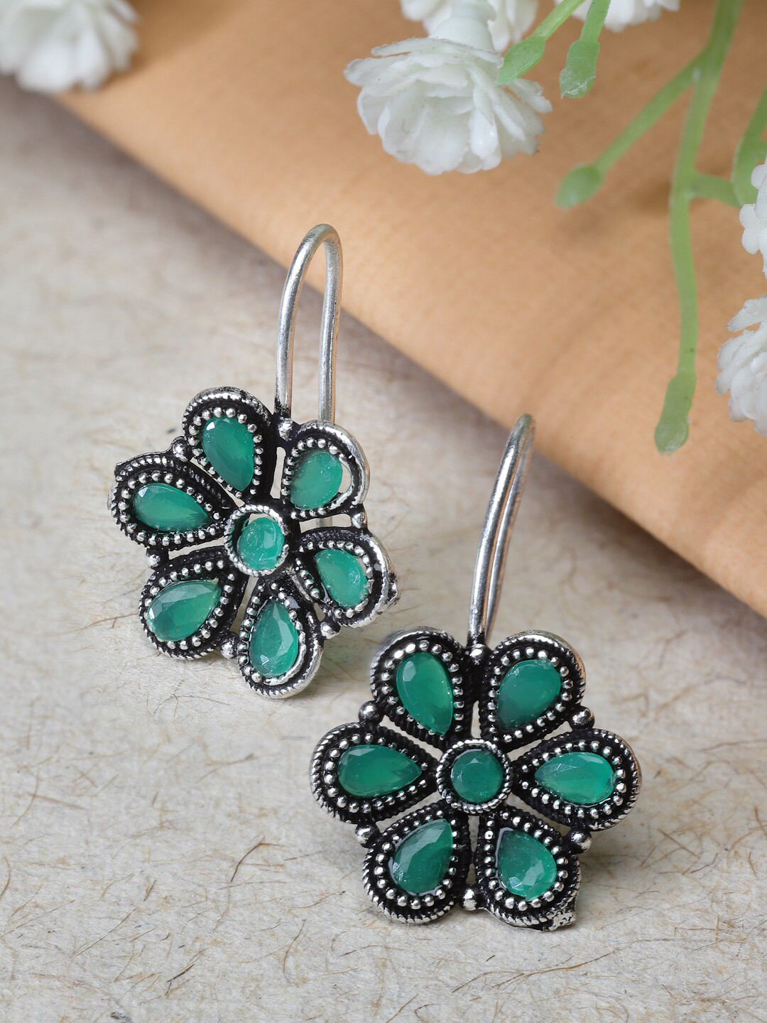 

Sanjog Silver Plated Kundan Studded Floral Shaped Drop Oxidised Earrings