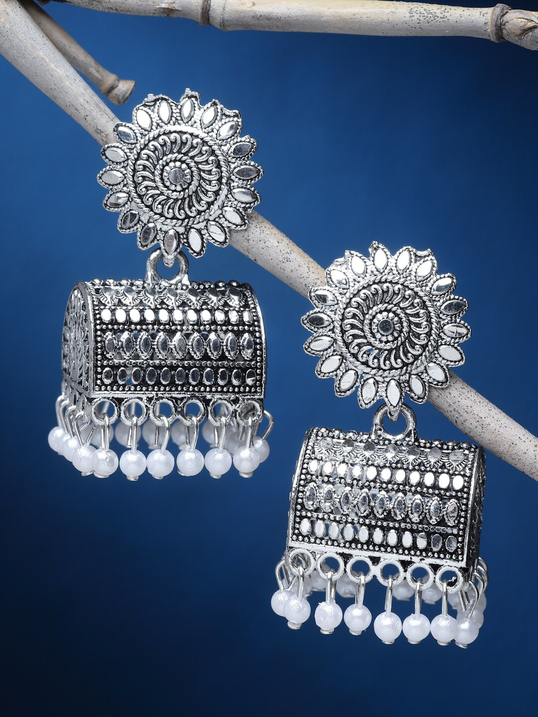 

Sanjog Silver Plated Pearls Mirror Studded Dome Shaped Oxidised Jhumka Earrings