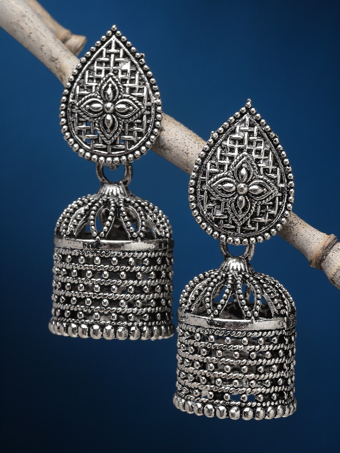 

Sanjog German Silver Dome Shaped Drop Oxidised Jhumka Earrings