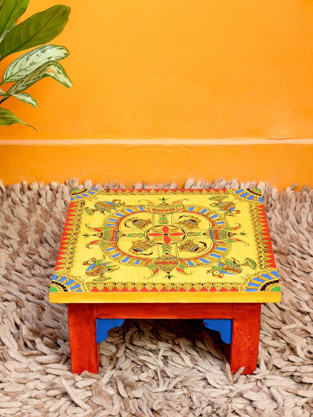 

AAKRITI ART CREATIONS Yellow & Brown Printed Wooden Chowki