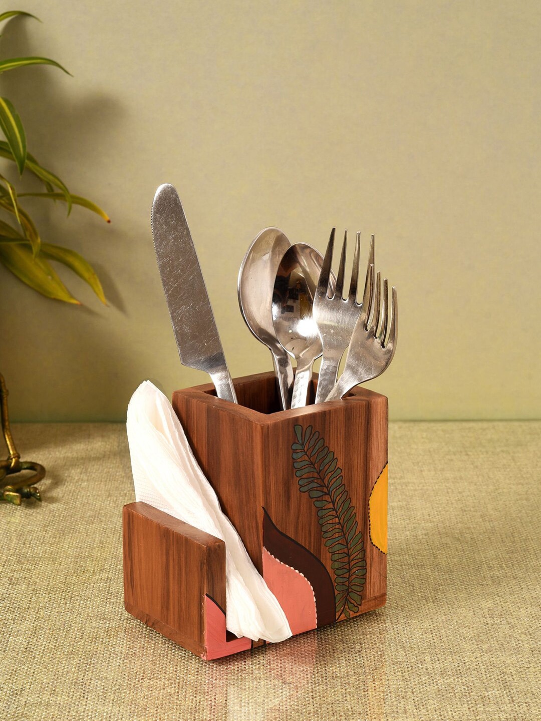 

AAKRITI ART CREATIONS Brown Small Teak Leaves Cutlery Holder