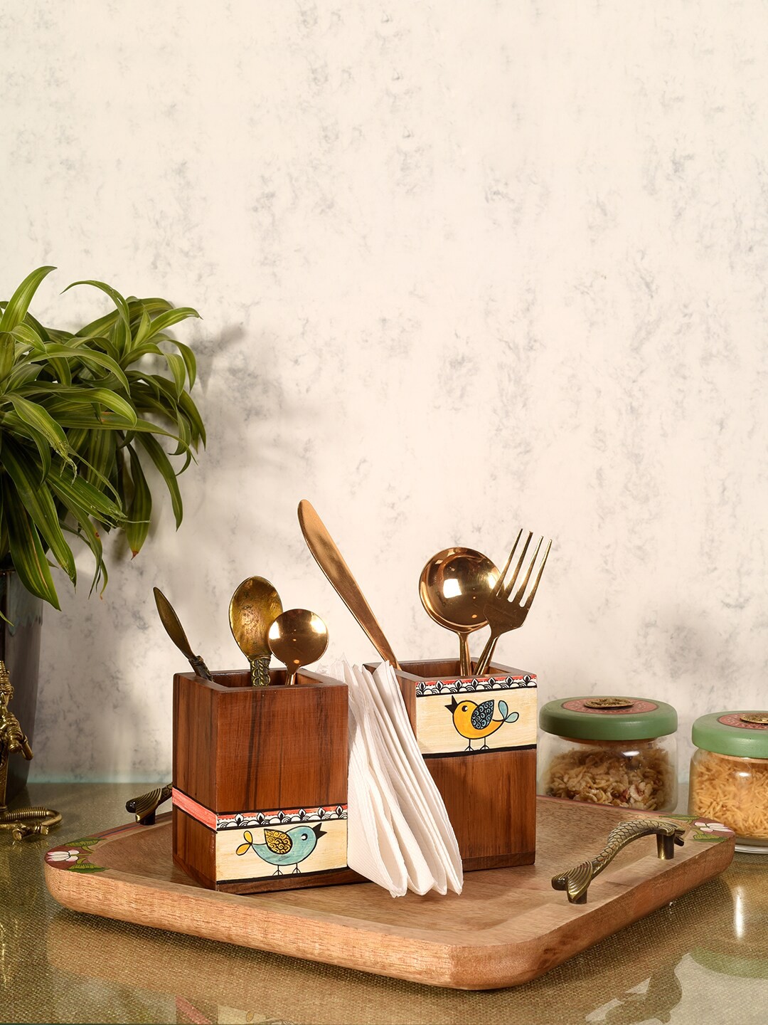 

AAKRITI ART CREATIONS Serenade Symphony Brown Wooden Cutlery Holder