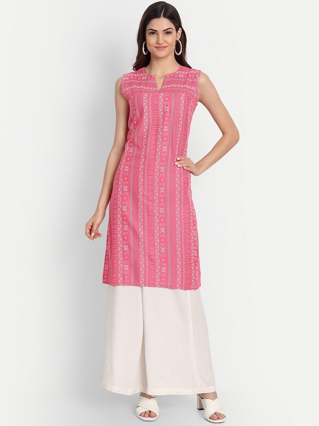 SUTI Geometric Printed Sleeveless A-Line Kurta, Coral