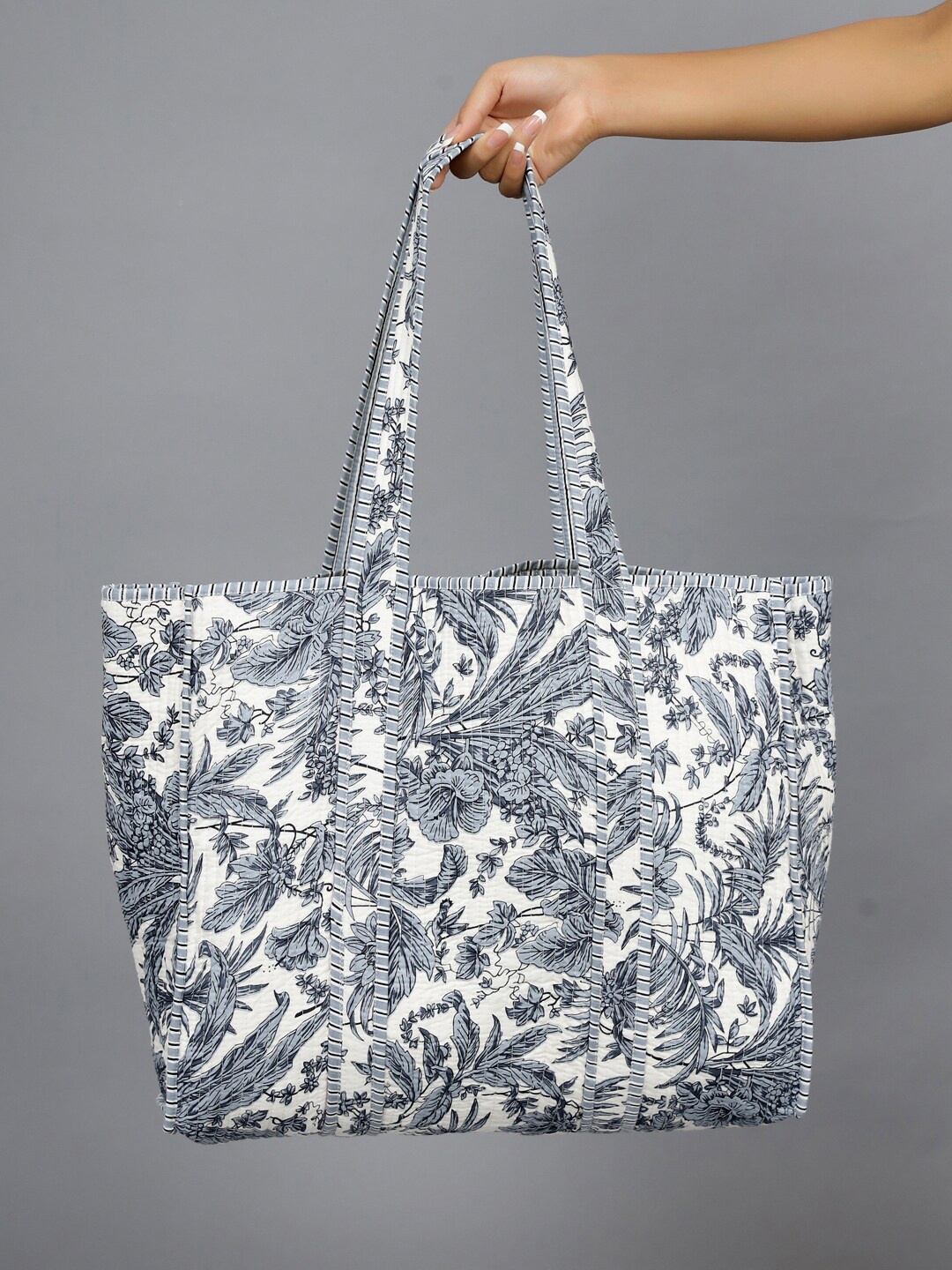 HANDICRAFT PALACE Floral Printed Cotton Oversized Structured Tote Bag, Grey