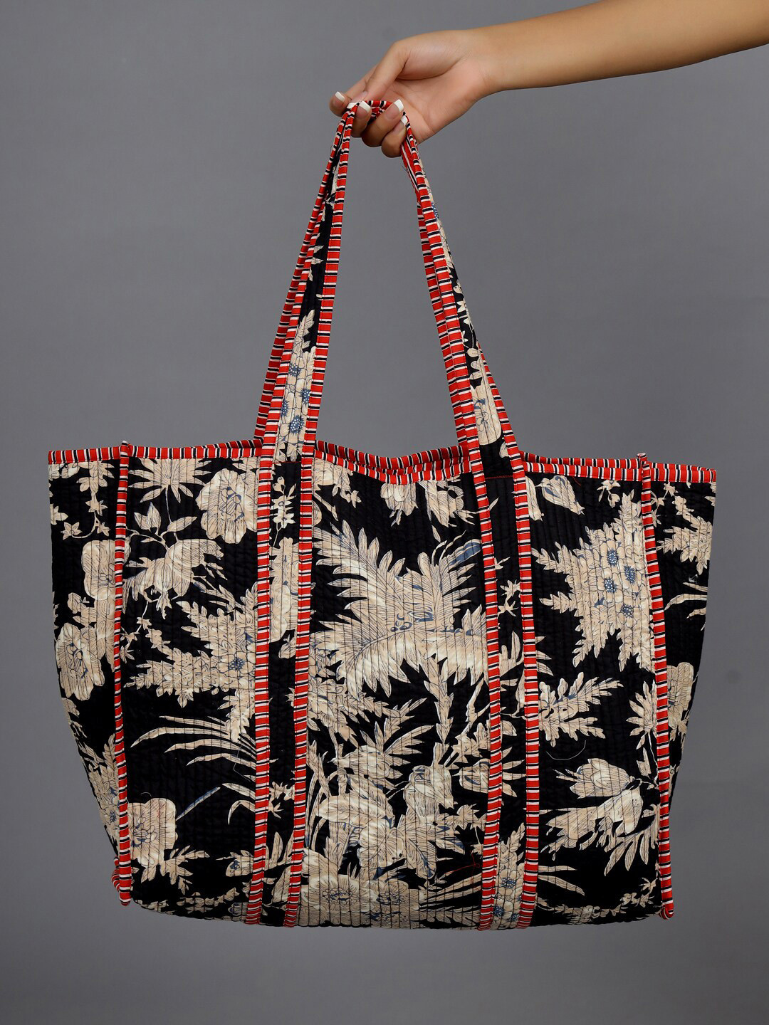 

HANDICRAFT PALACE Floral Printed Cotton Oversized Structured Tote Bag, Black