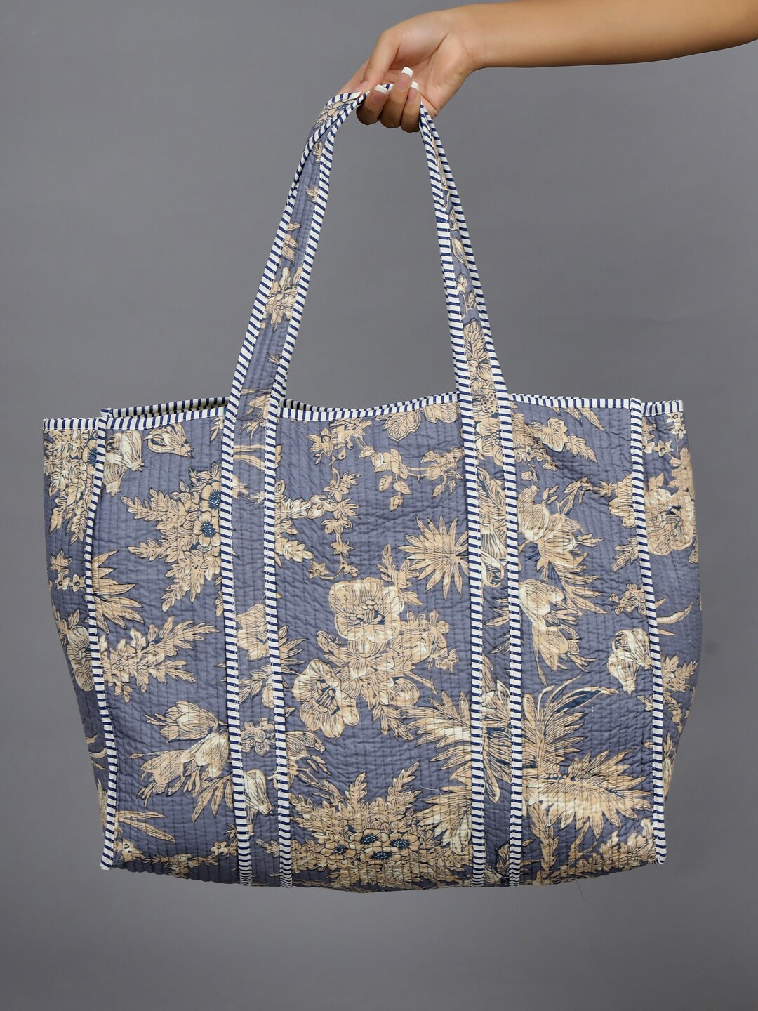 HANDICRAFT PALACE Floral Printed Cotton Oversized Structured Tote Bag, Blue