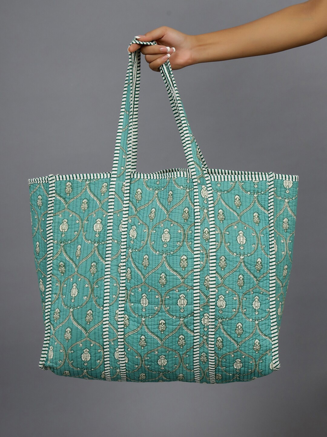 

HANDICRAFT PALACE Floral Printed Cotton Oversized Structured Tote Bag, Green