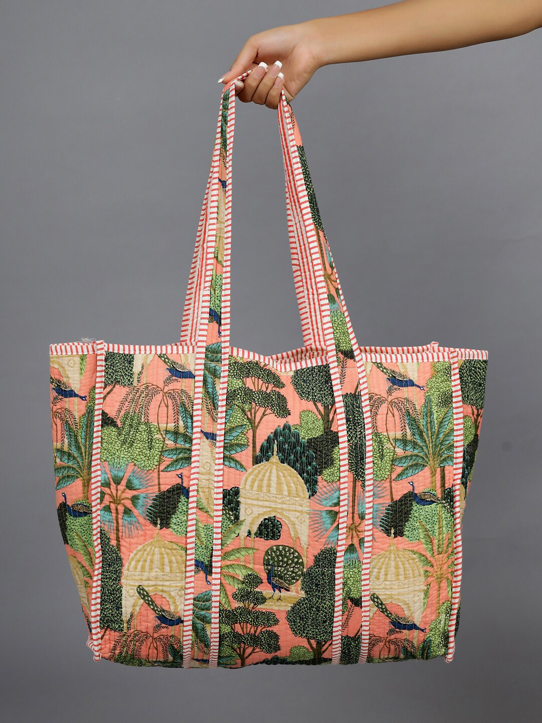 

HANDICRAFT PALACE Floral Printed Structured Pure Cotton Tote Bag, Peach