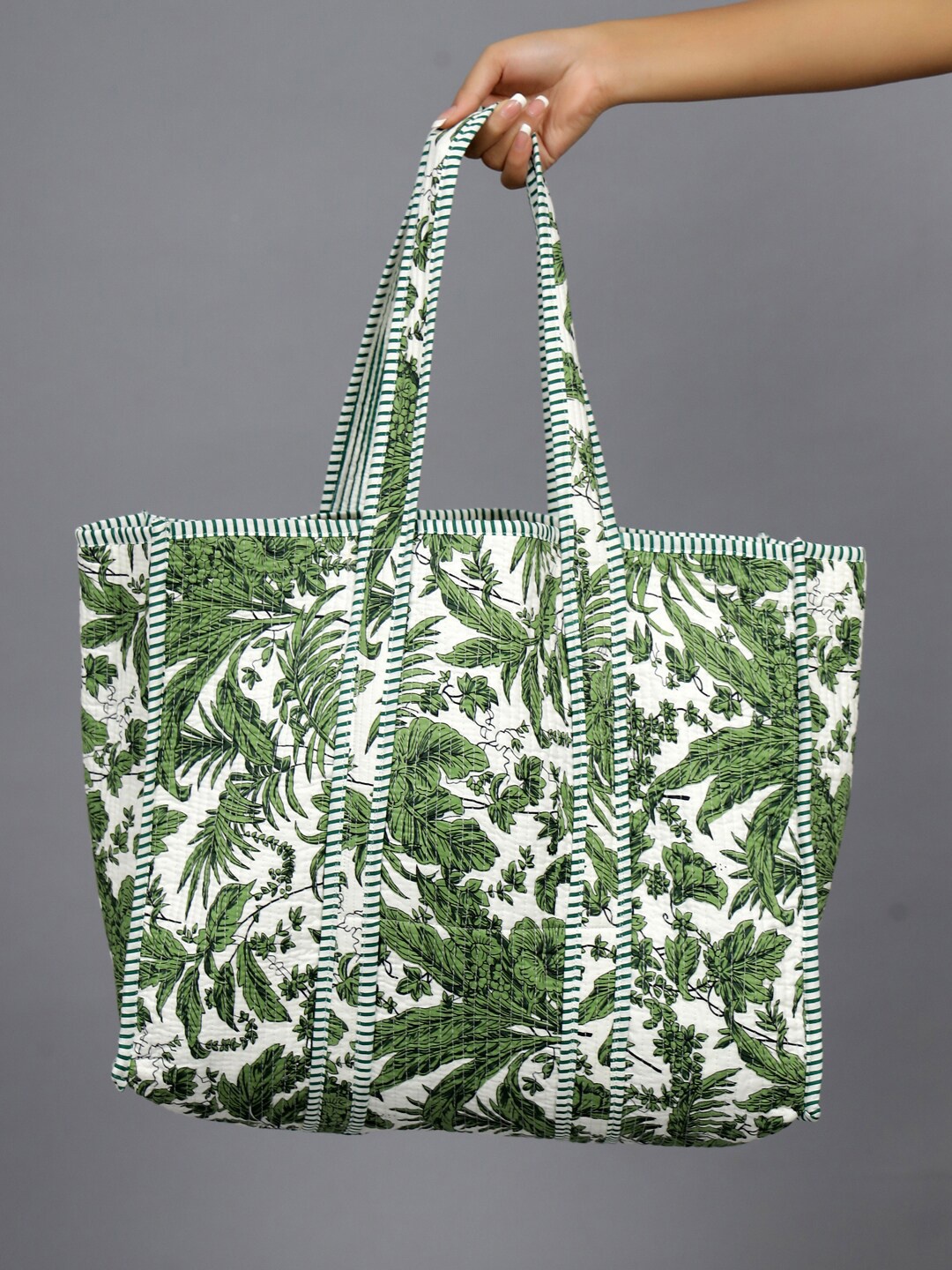 

HANDICRAFT PALACE Floral Printed Structured Pure Cotton Tote Bag, Green