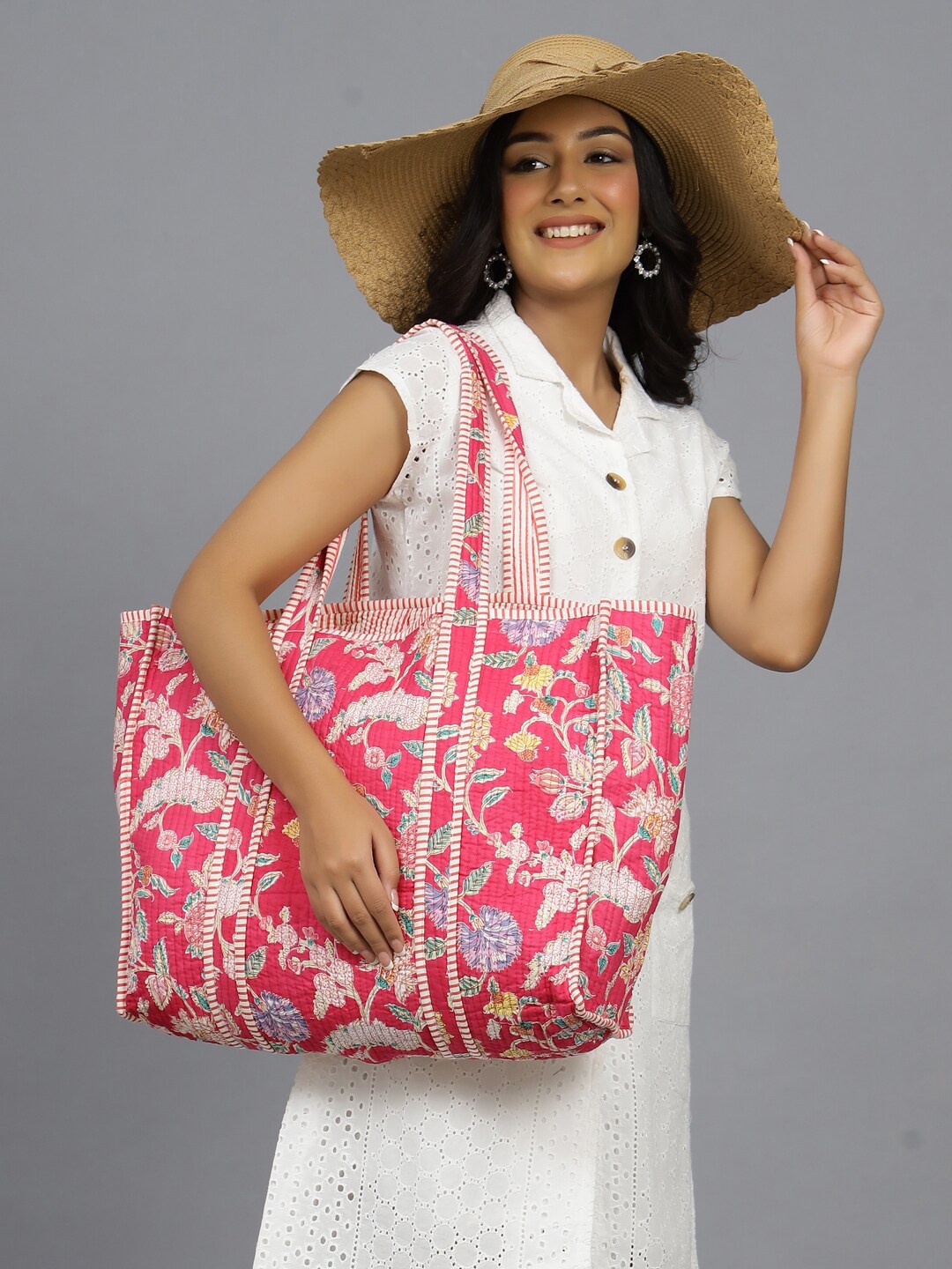 

HANDICRAFT PALACE Floral Printed Structured Pure Cotton Tote Bag, Pink