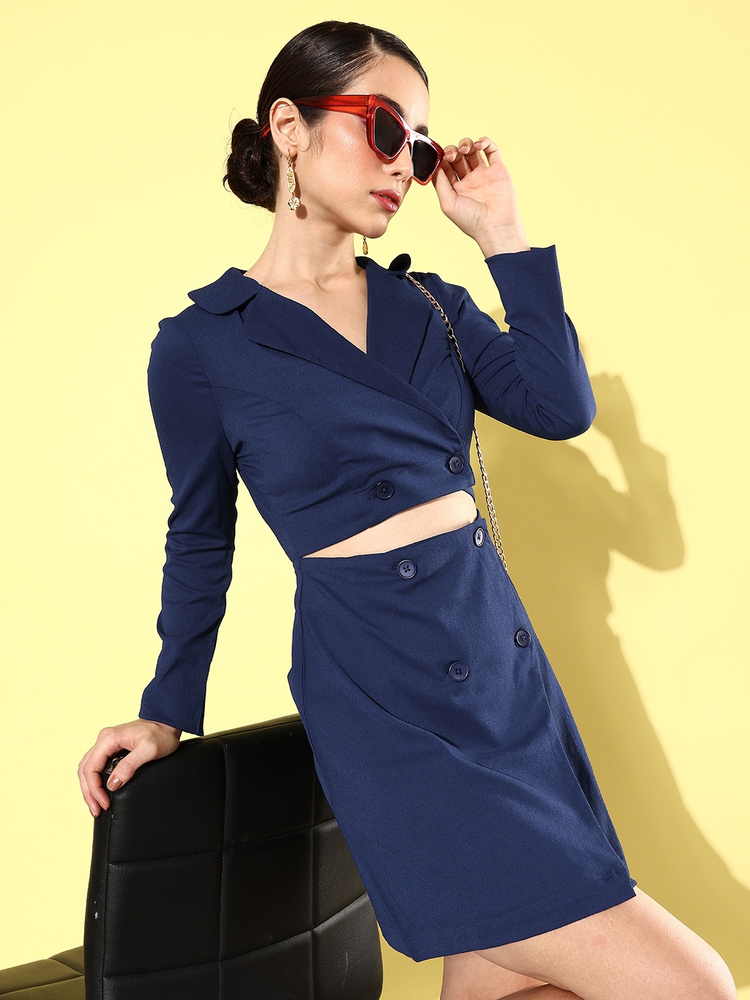 

QUIERO Solid Cut-Outs Blazer Mini Dress, Blue