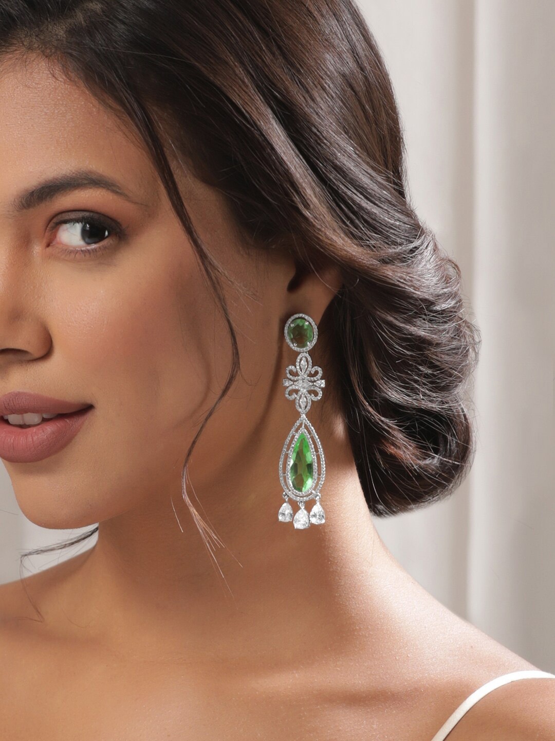

Rubans Rhodium Plated Green Sapphire Zirconia Studded Teardrop Long Earrings, Silver