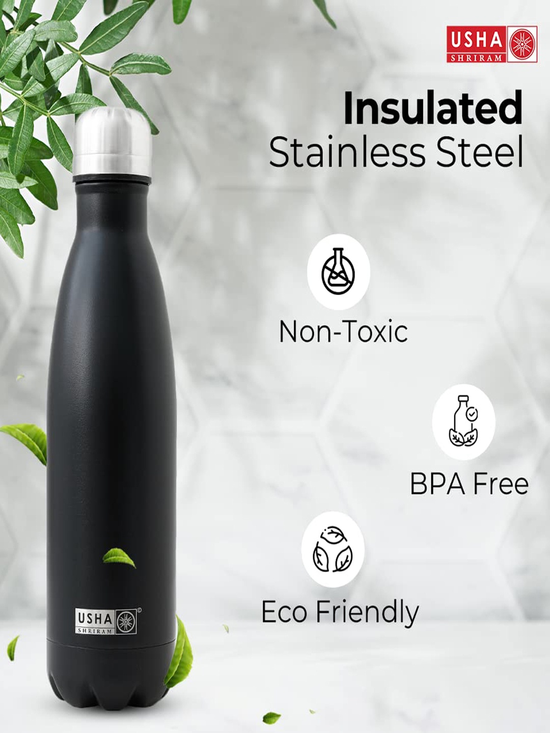 

USHA SHRIRAM Black Insulated Stainless Steel Leak Proof Water Bottle 1L