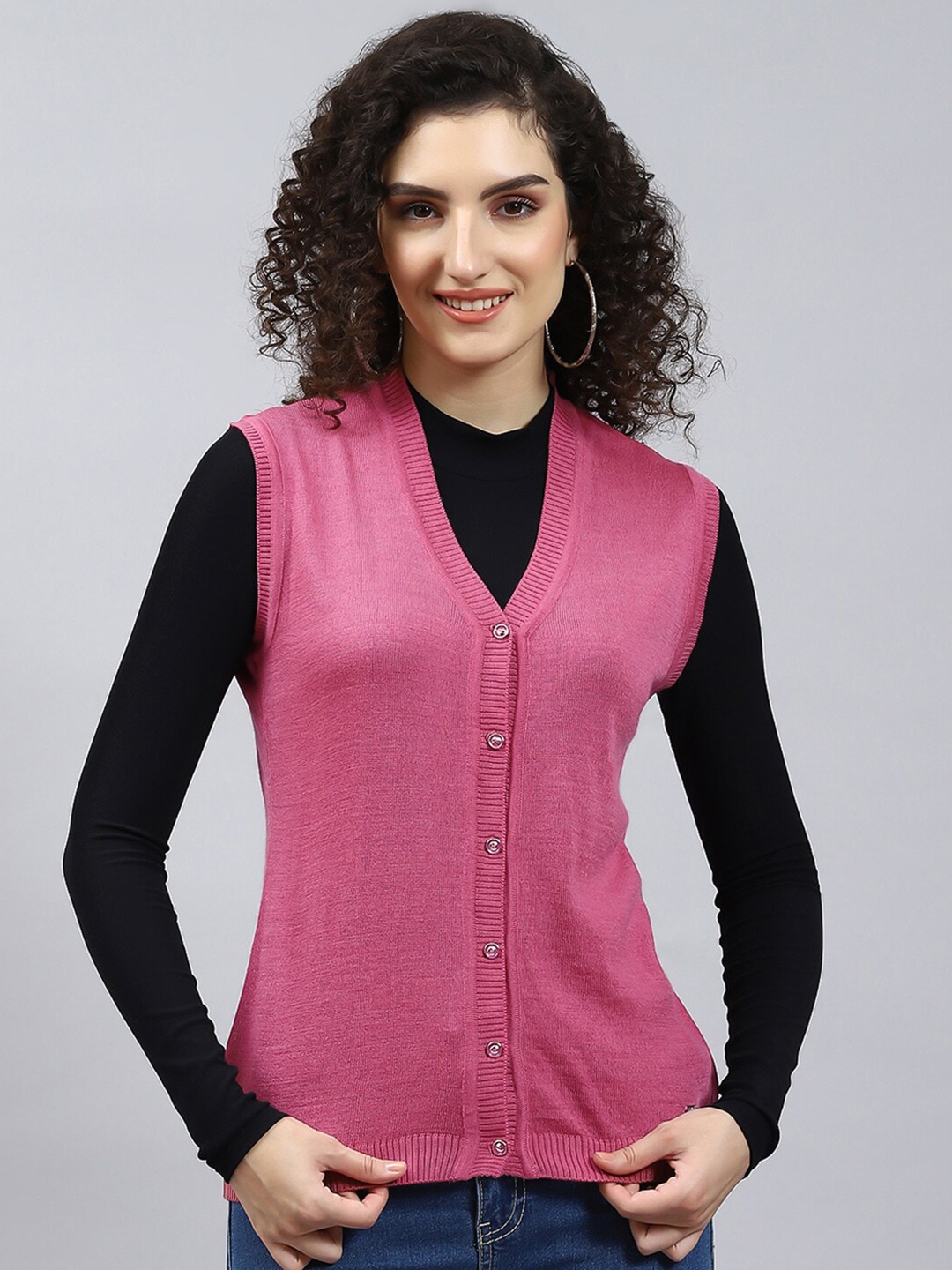

Monte Carlo Woollen V-Neck Sleeveless Cardigan, Pink