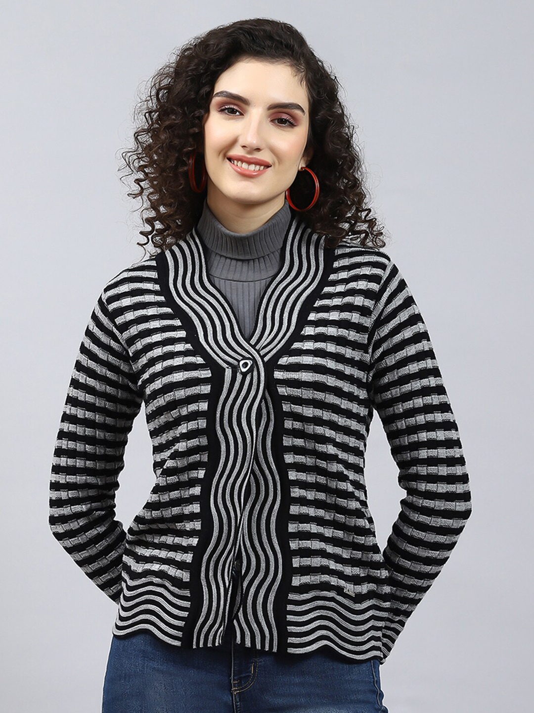 

Monte Carlo Striped Woollen V-Neck Cardigan, Black