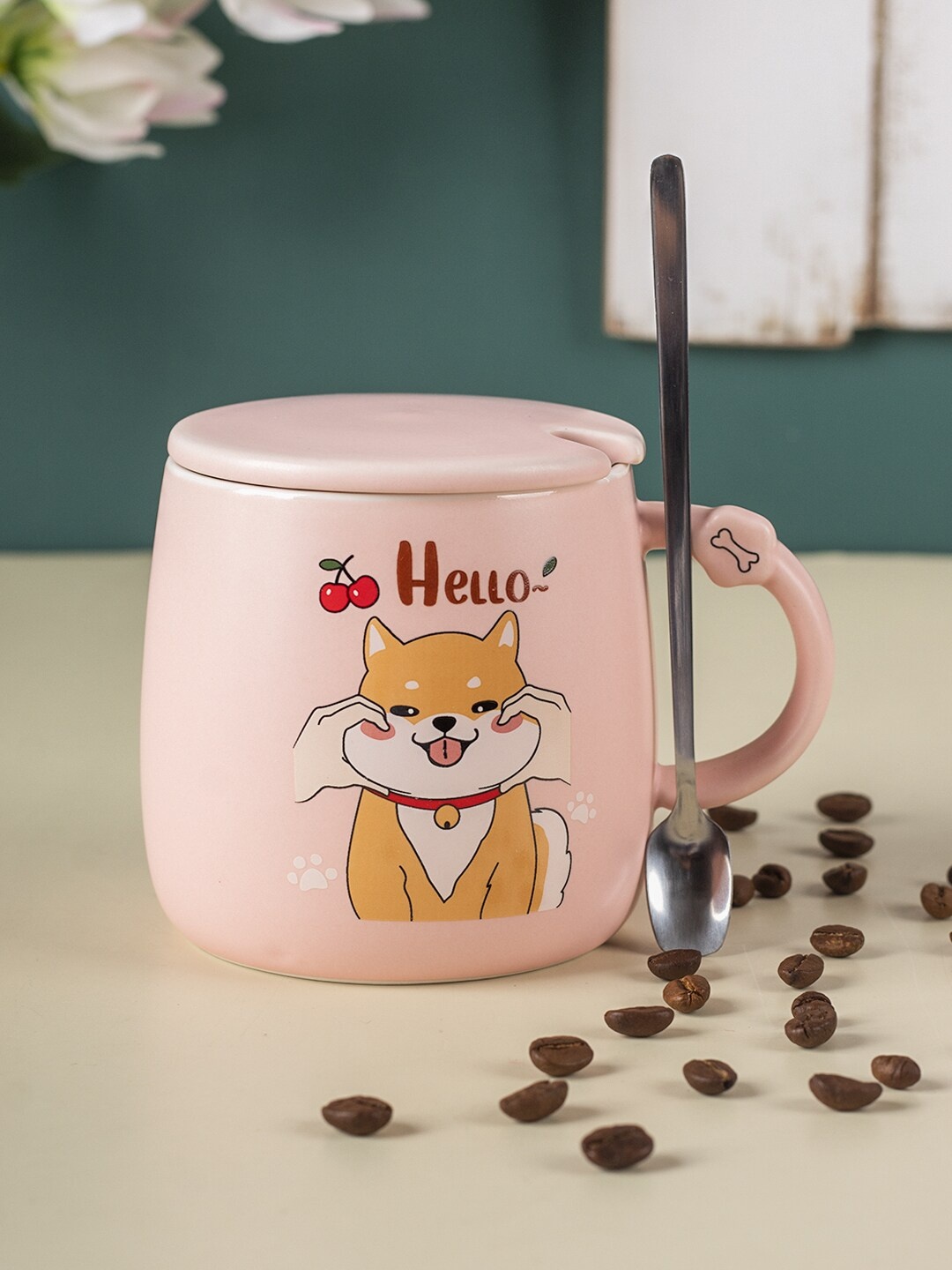 

MARKET99 Pink Printed Ceramic Matte Coffee Mug With Lid - 420 ML