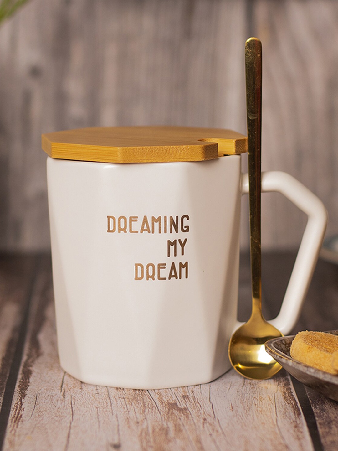 

MARKET99 White Printed Ceramic Matte Coffee Mug With Lid - 420 ML