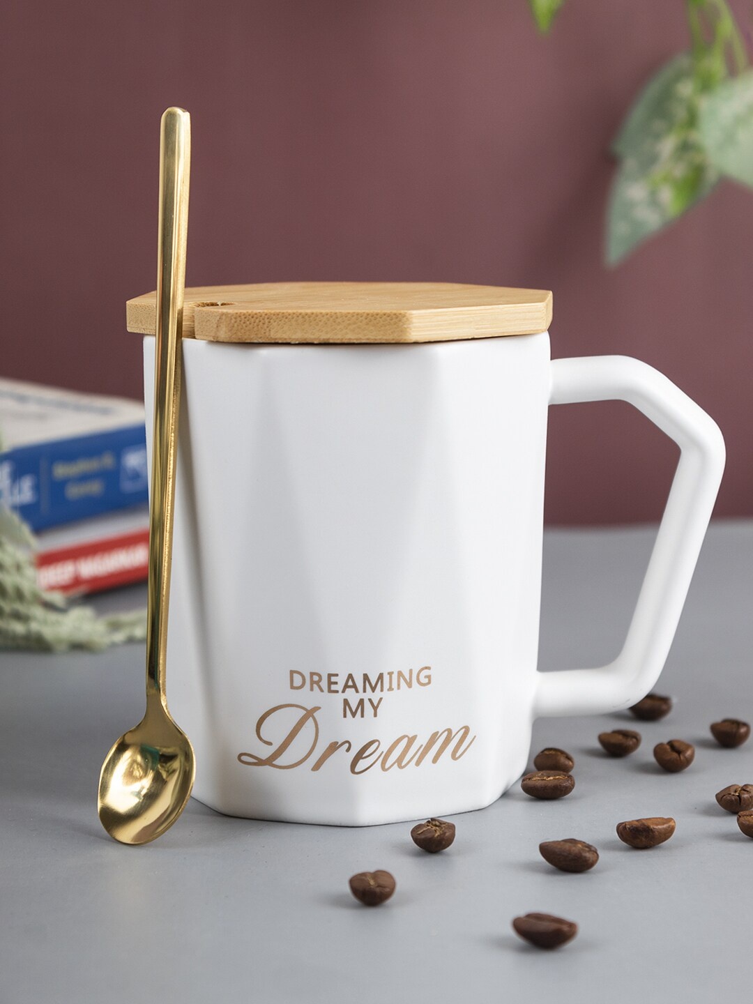 

MARKET99 White Printed Ceramic Matte Coffee Mug With Lid - 320 ML
