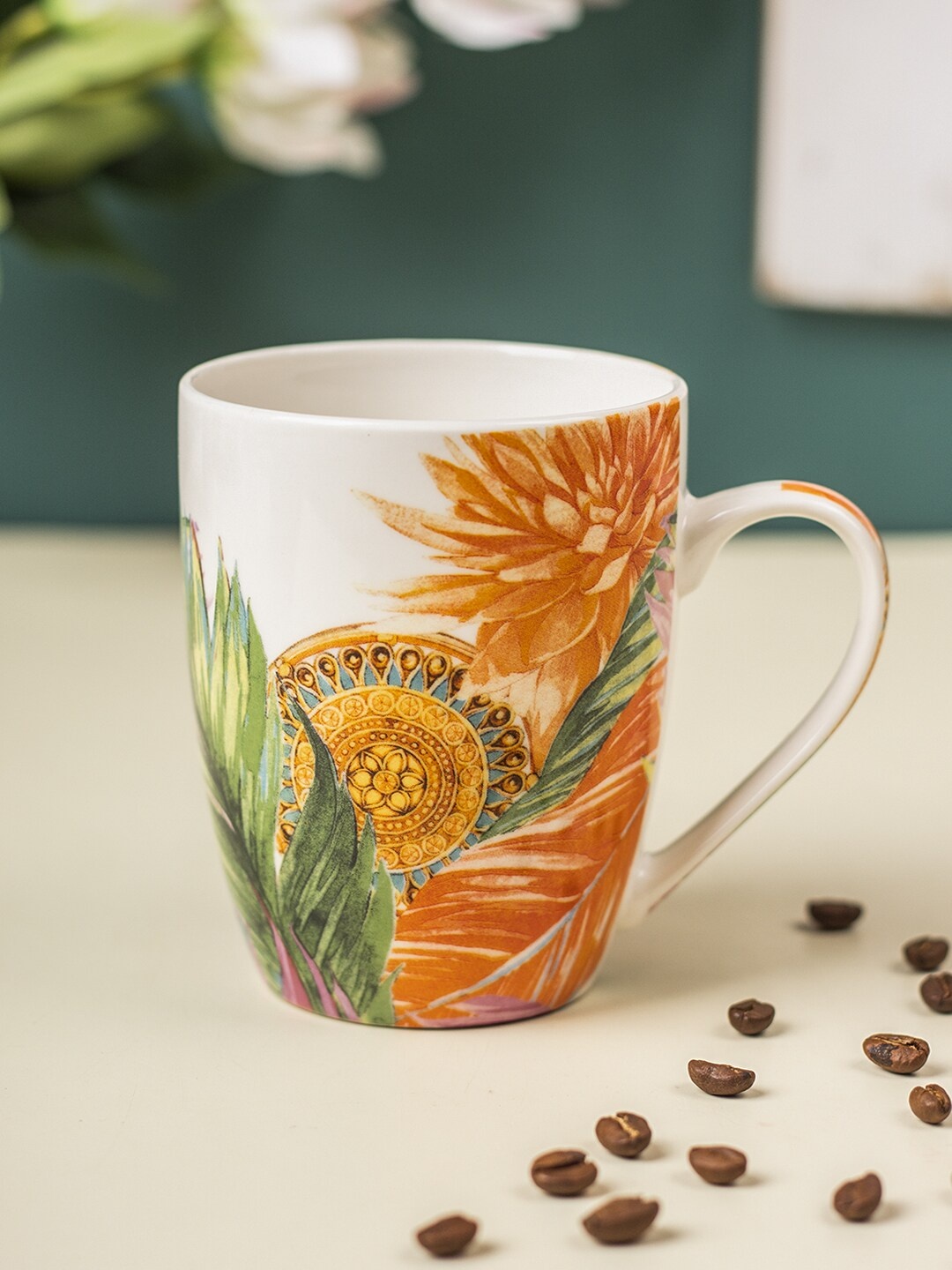 

MARKET99 White & Mustard Floral Printed Ceramic Glossy Coffee Mug - 350 ML