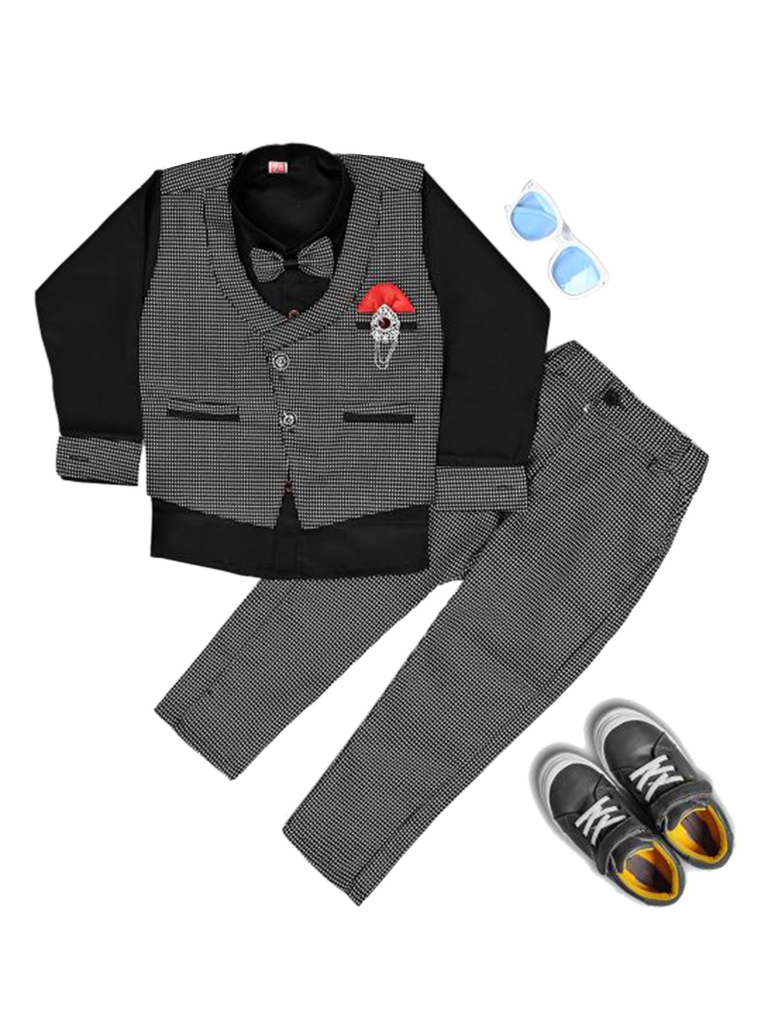 

BAESD Boys Checked Pure Cotton Single-Breasted Shirt With Trousers & Waistcoat, Black