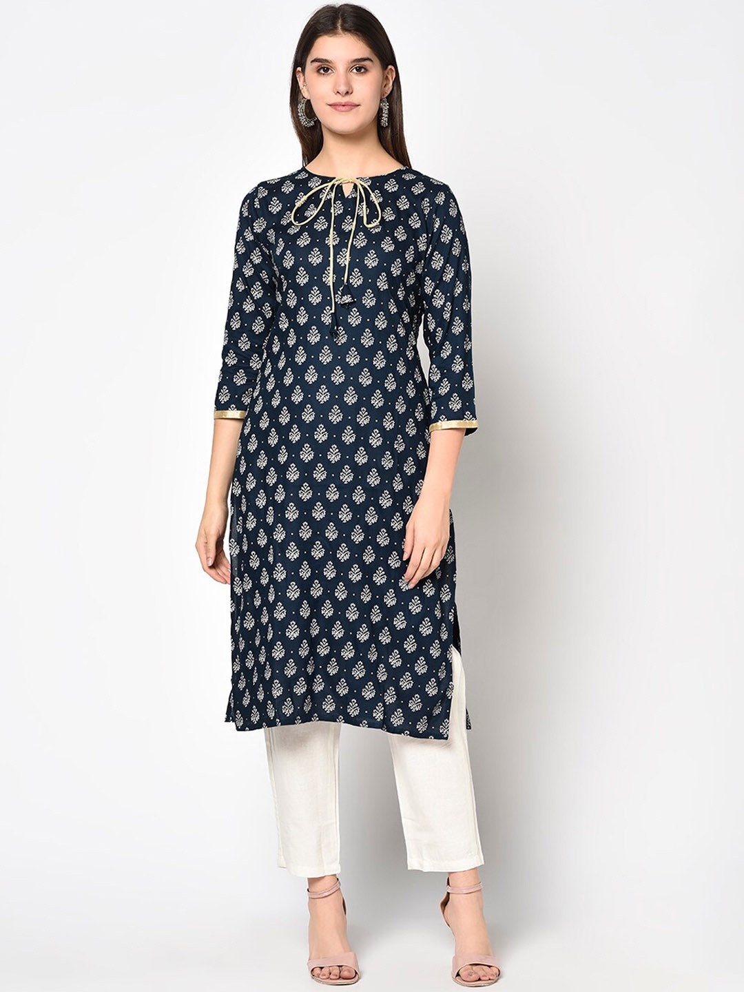 

KALINI Ethnic Motifs Printed Tie Up Neck Indigo Straight Kurta & Trousers, Navy blue