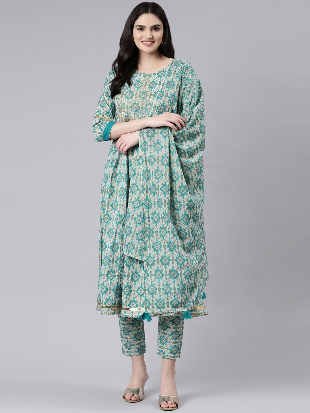 

KALINI Ethnic Motifs Printed Kurta & Trousers With Dupatta, Green