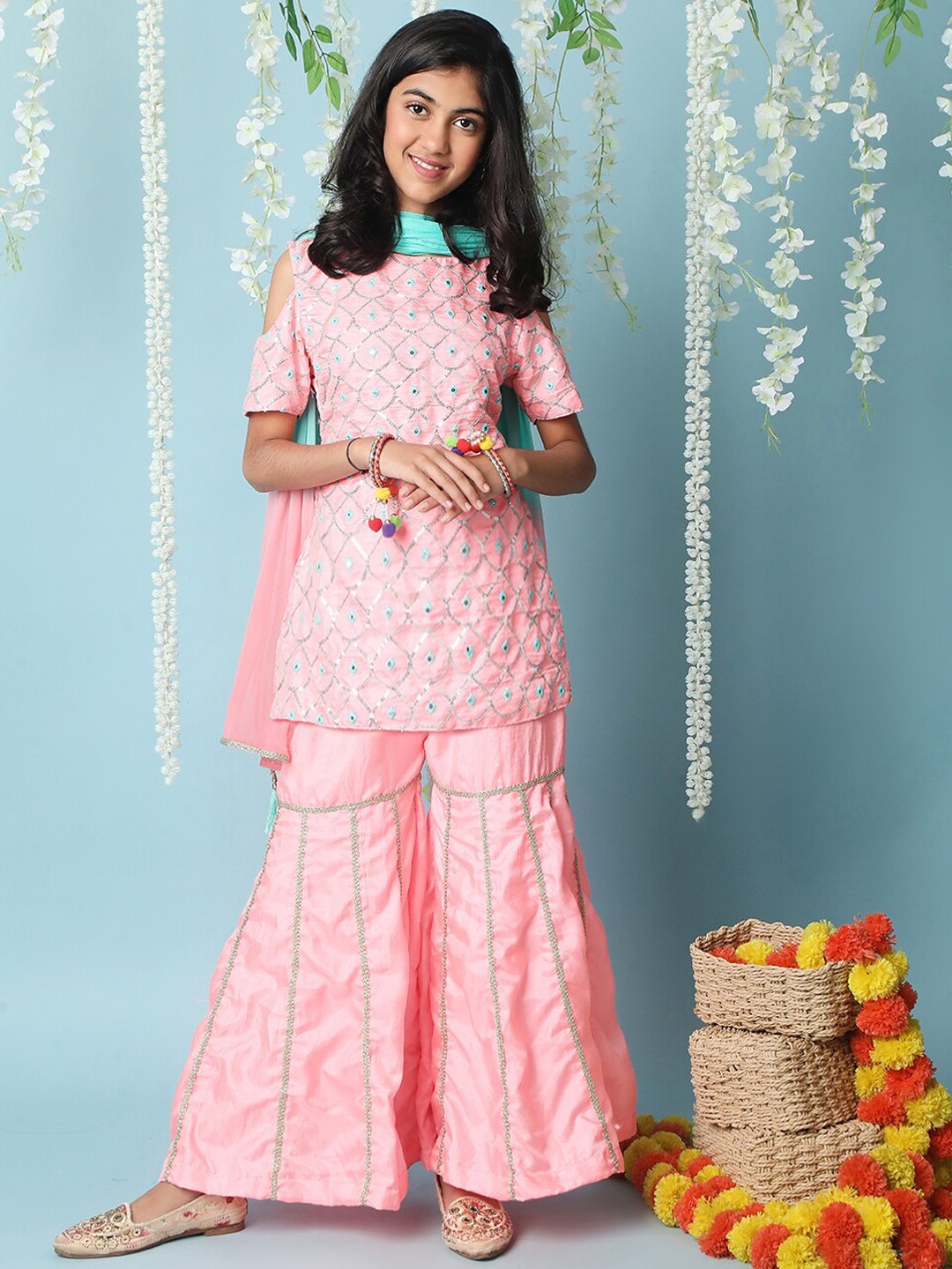 

KID1 Girls Ethnic Motifs Embroidered Mirror Work Kurti with Sharara & With Dupatta, Pink