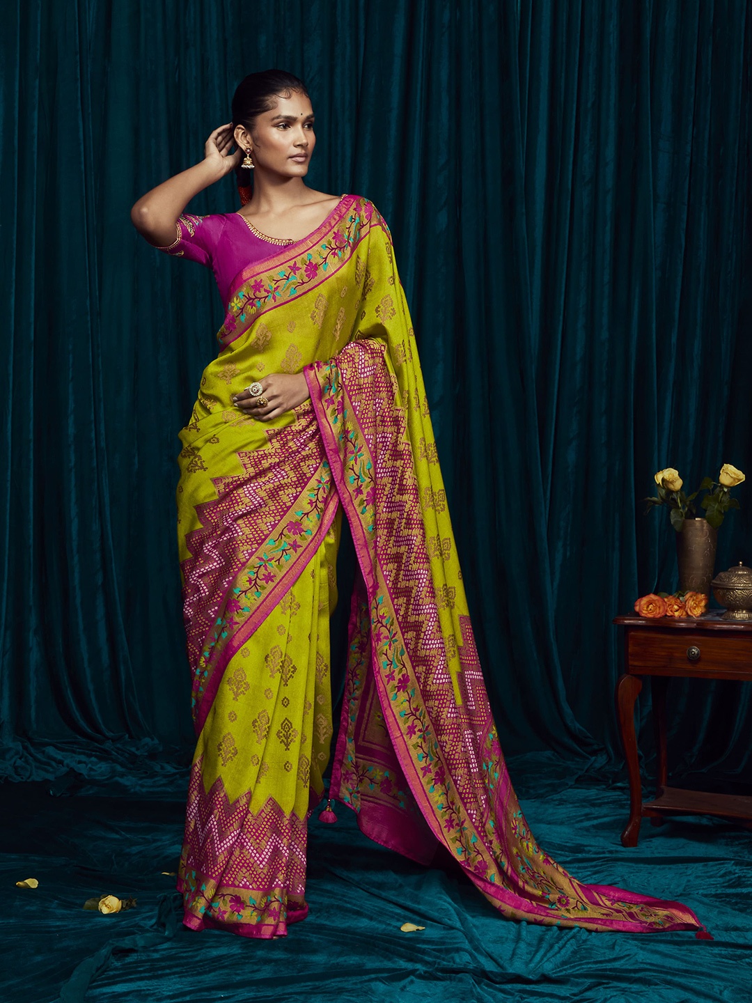 

elora Ethnic Motifs Woven Design Brasso Bhagalpuri Saree, Olive