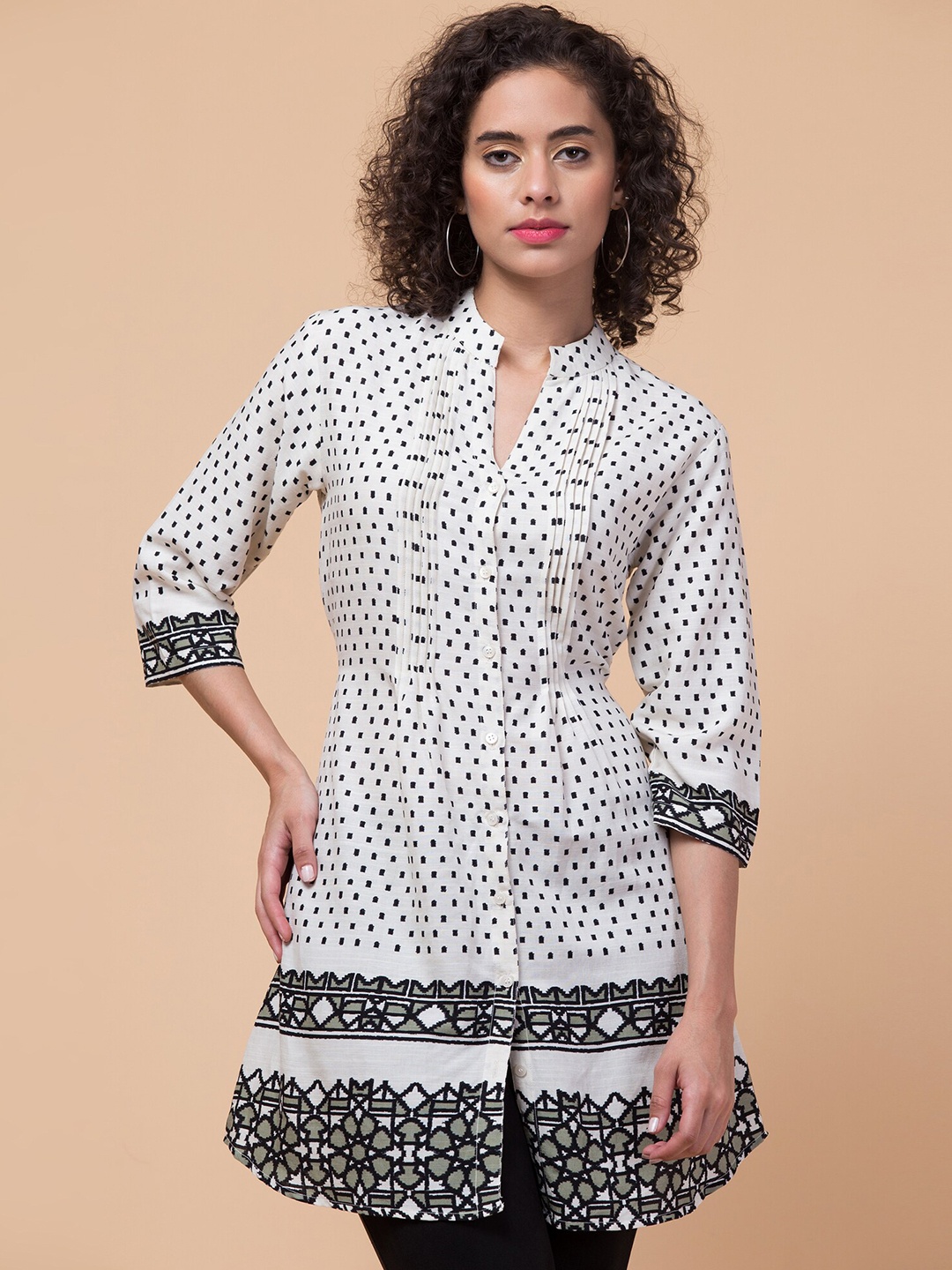 

Hive91 Geometric Printed Mandarin Collar Tunic, White