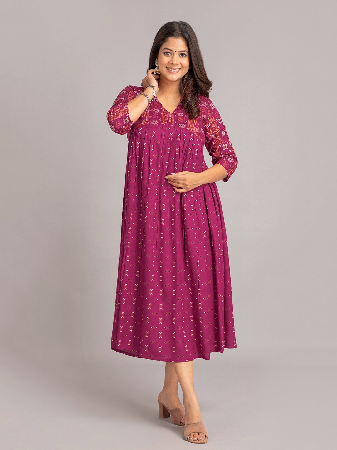 

SUTI Ethnic Motifs Printed A-Line Midi Dress, Pink