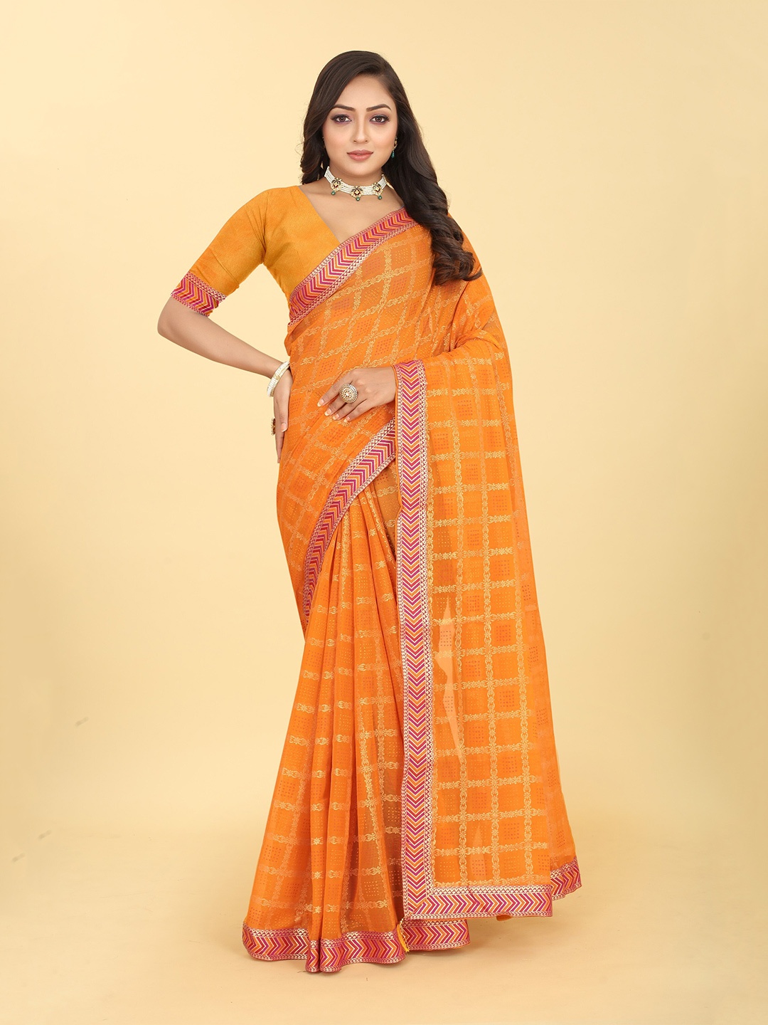 

Kiwie Bandhani Printed Zari Poly Chiffon Bandhani Saree, Yellow