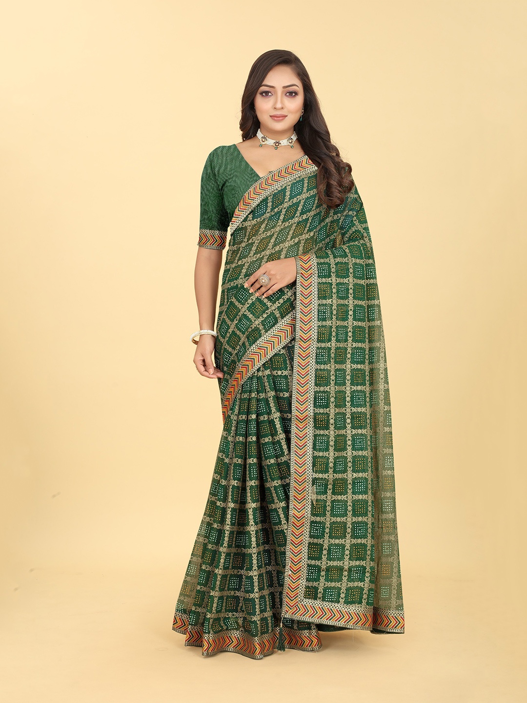 

Kiwie Bandhani Printed Zari Poly Chiffon Bandhani Saree, Green