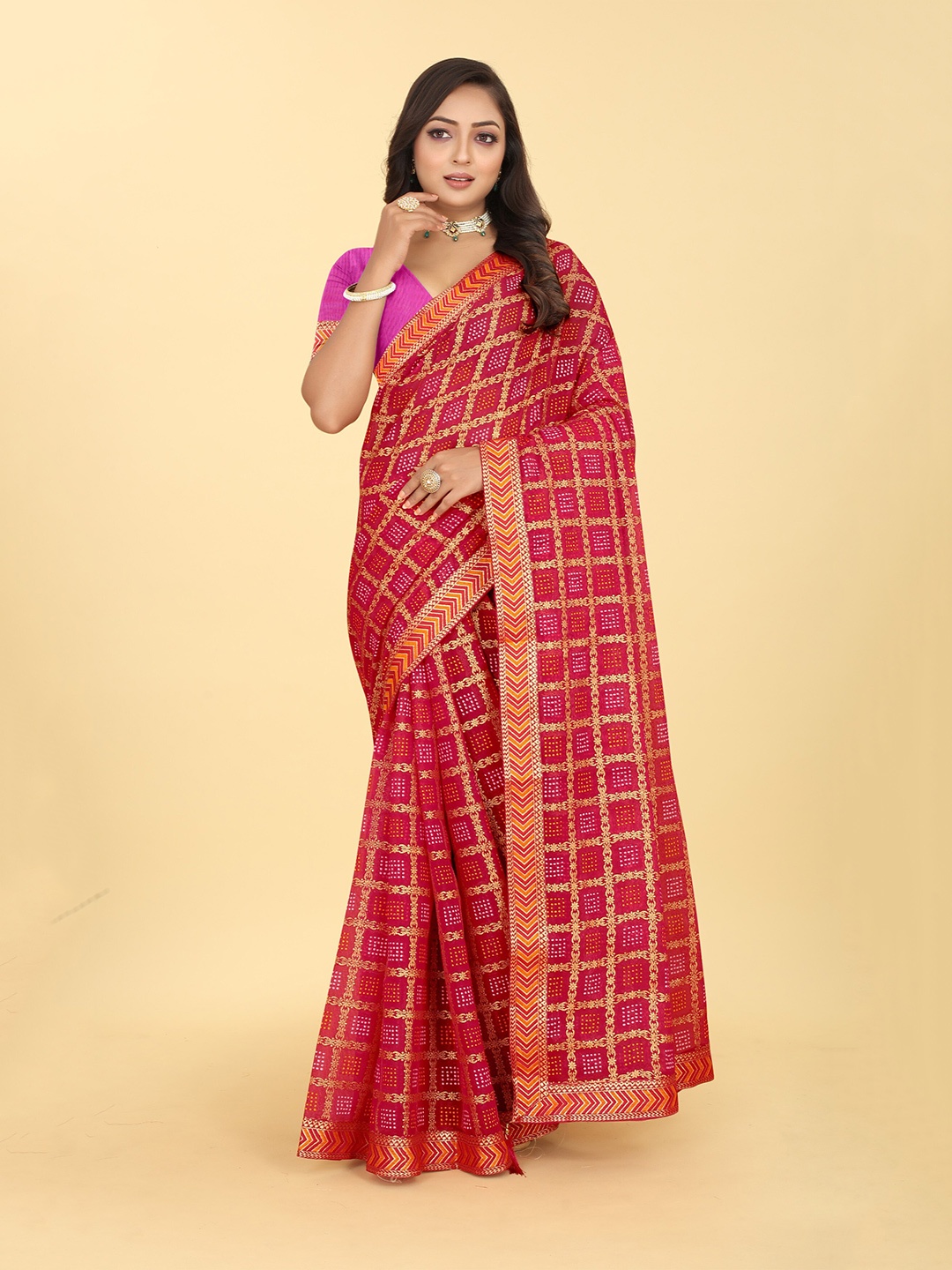 

Kiwie Bandhani Printed Zari Poly Chiffon Bandhani Saree, Pink