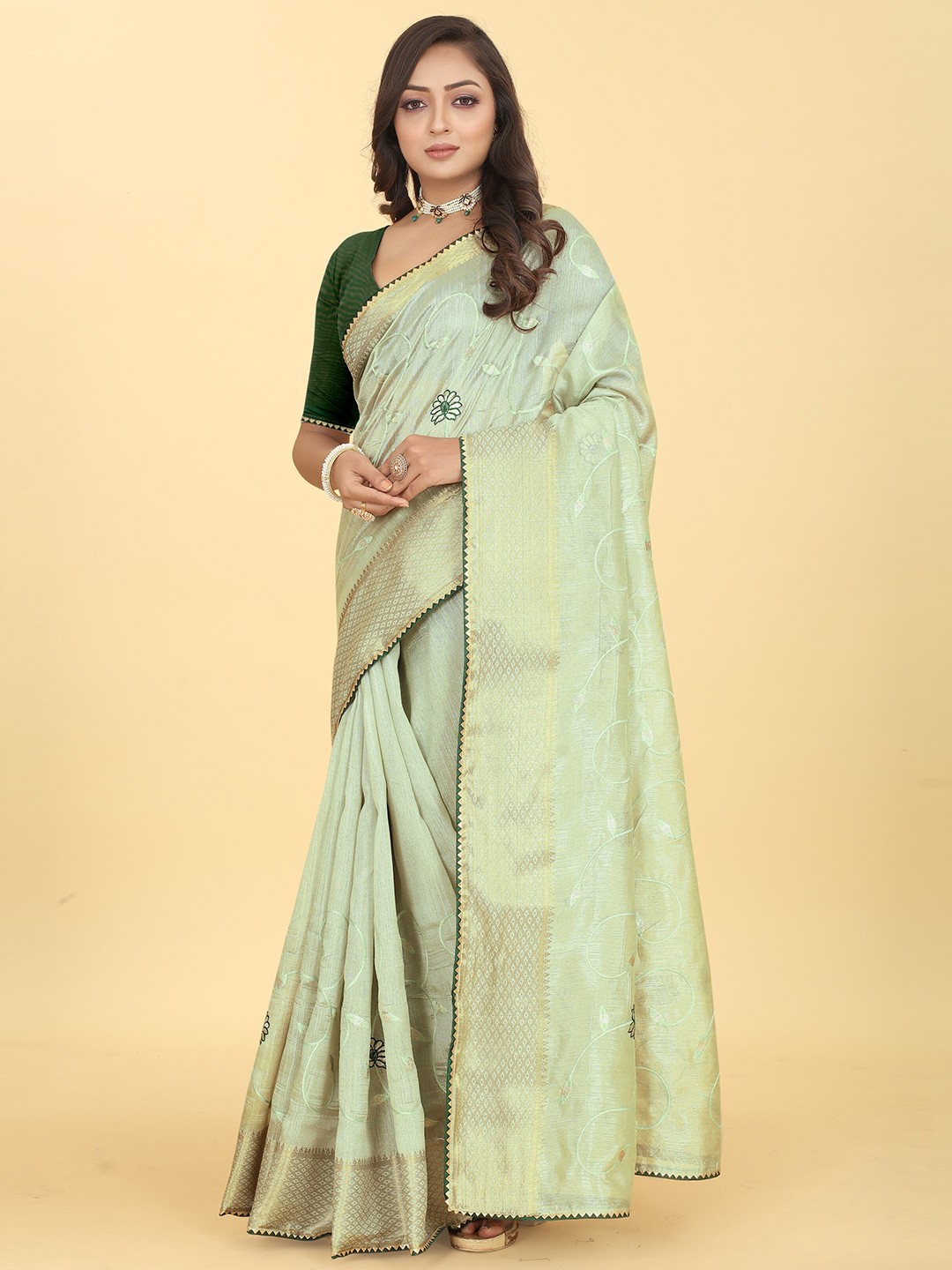 

Kiwie Floral Zari Saree, Sea green