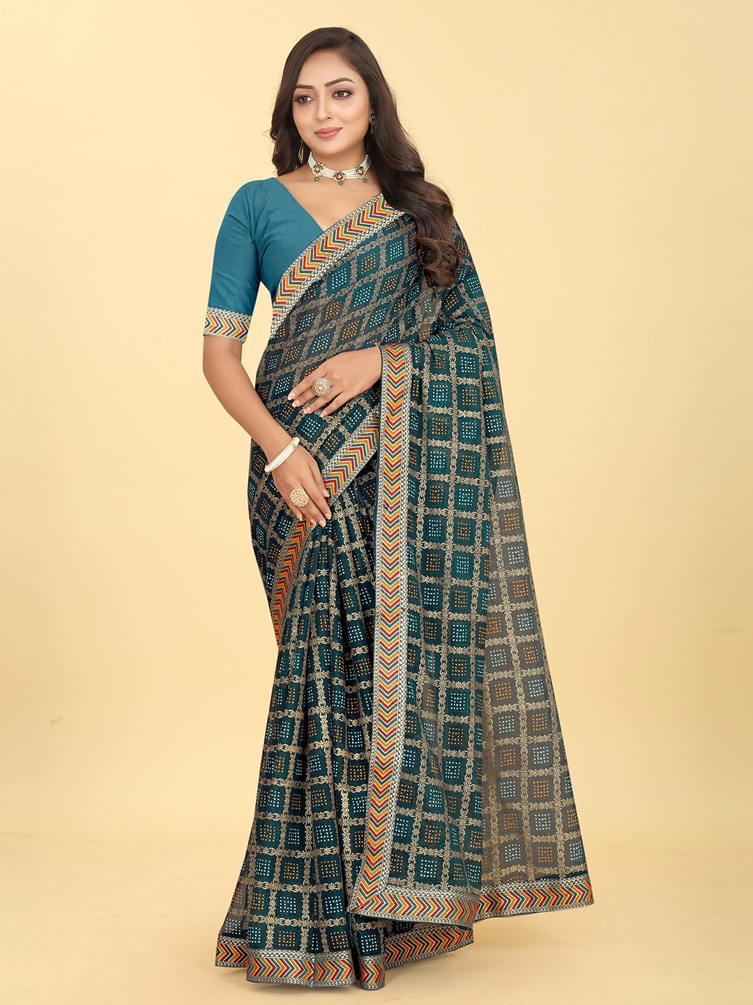 

Kiwie Bandhani Printed Poly Chiffon Saree, Blue
