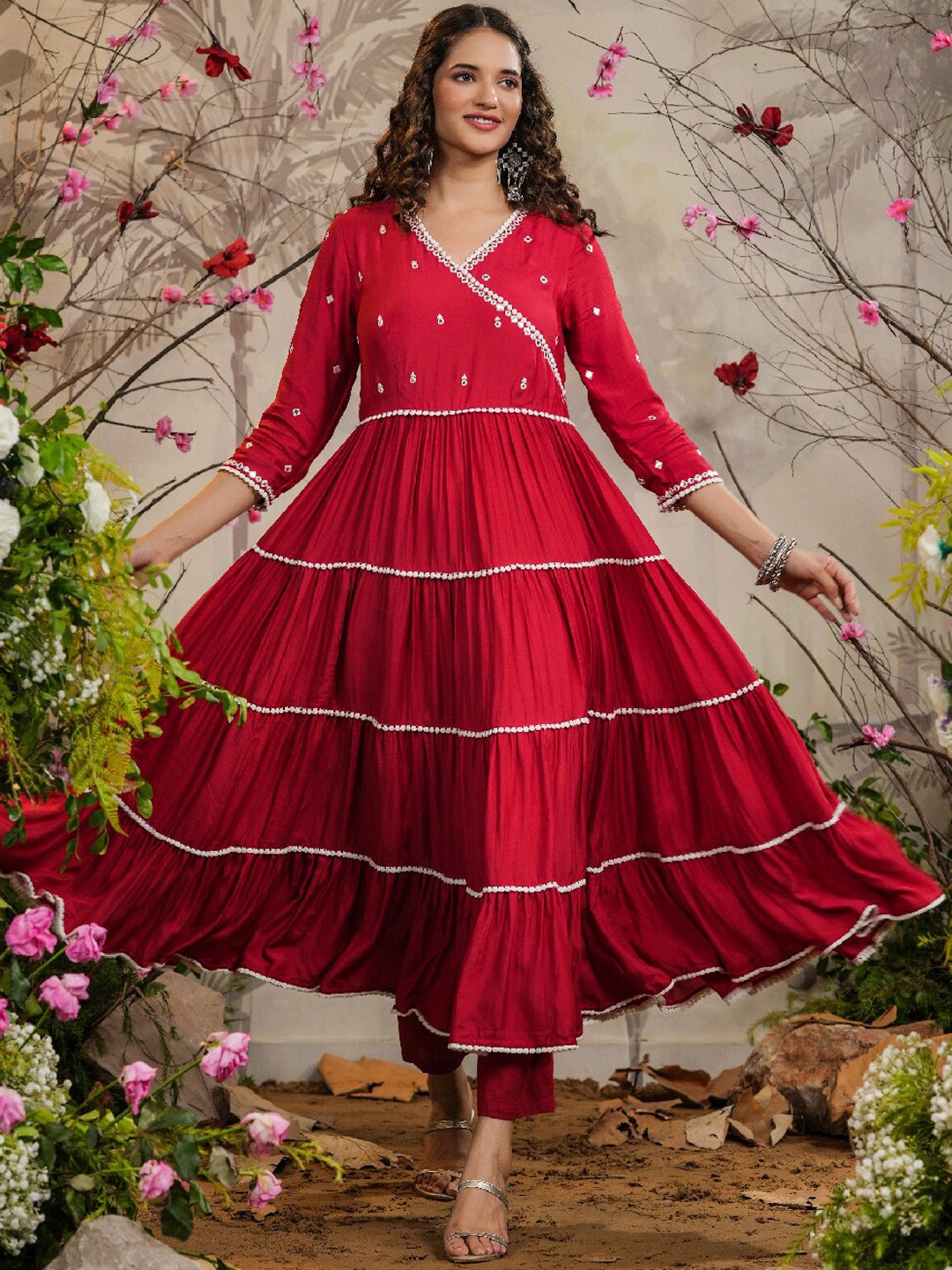 

EverBloom Embellished Angrakha Kurta & Trousers With Dupatta, Red