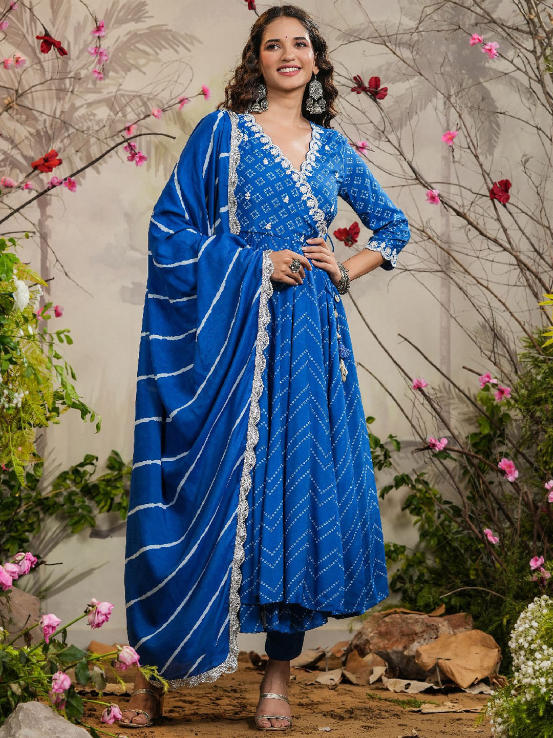

EverBloom Ethnic Motifs Printed Angrakha Thread Work Kurta & Trousers With Dupatta, Blue