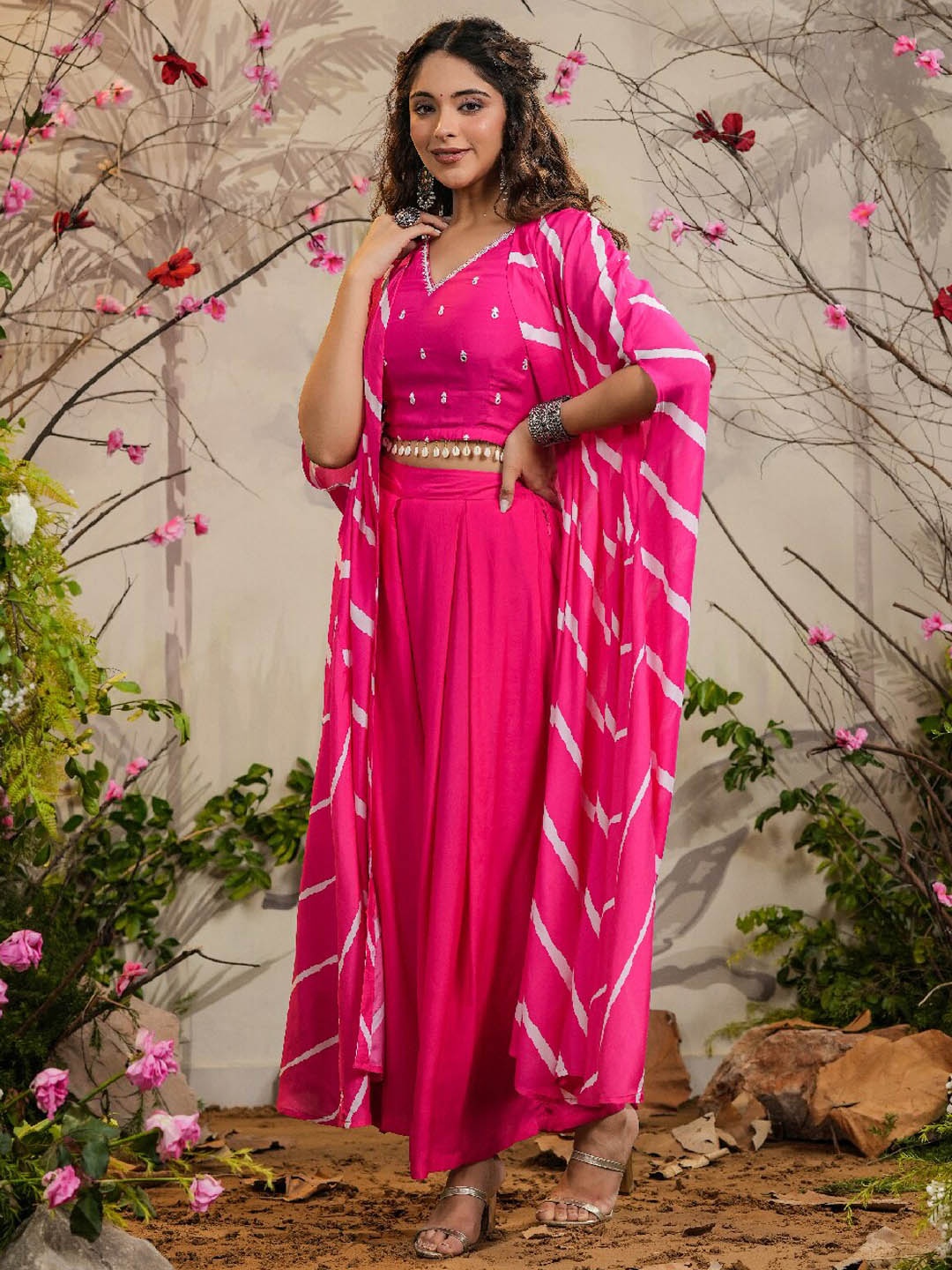 

EverBloom Leheriya Printed Top & Palazzos With Shrug, Pink