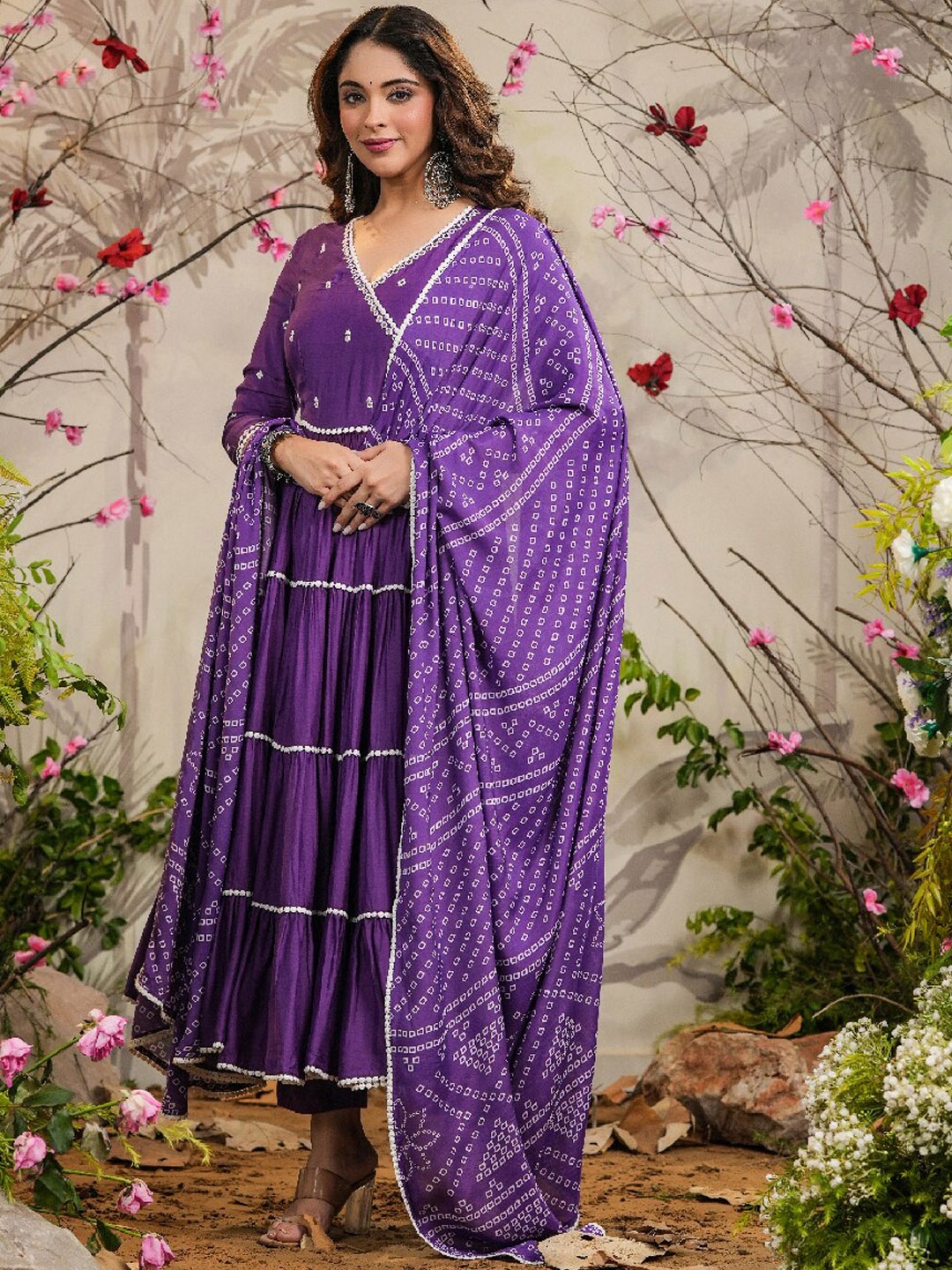 

EverBloomBandhani Printed Angrakha Kurta & Trousers With Dupatta, Purple