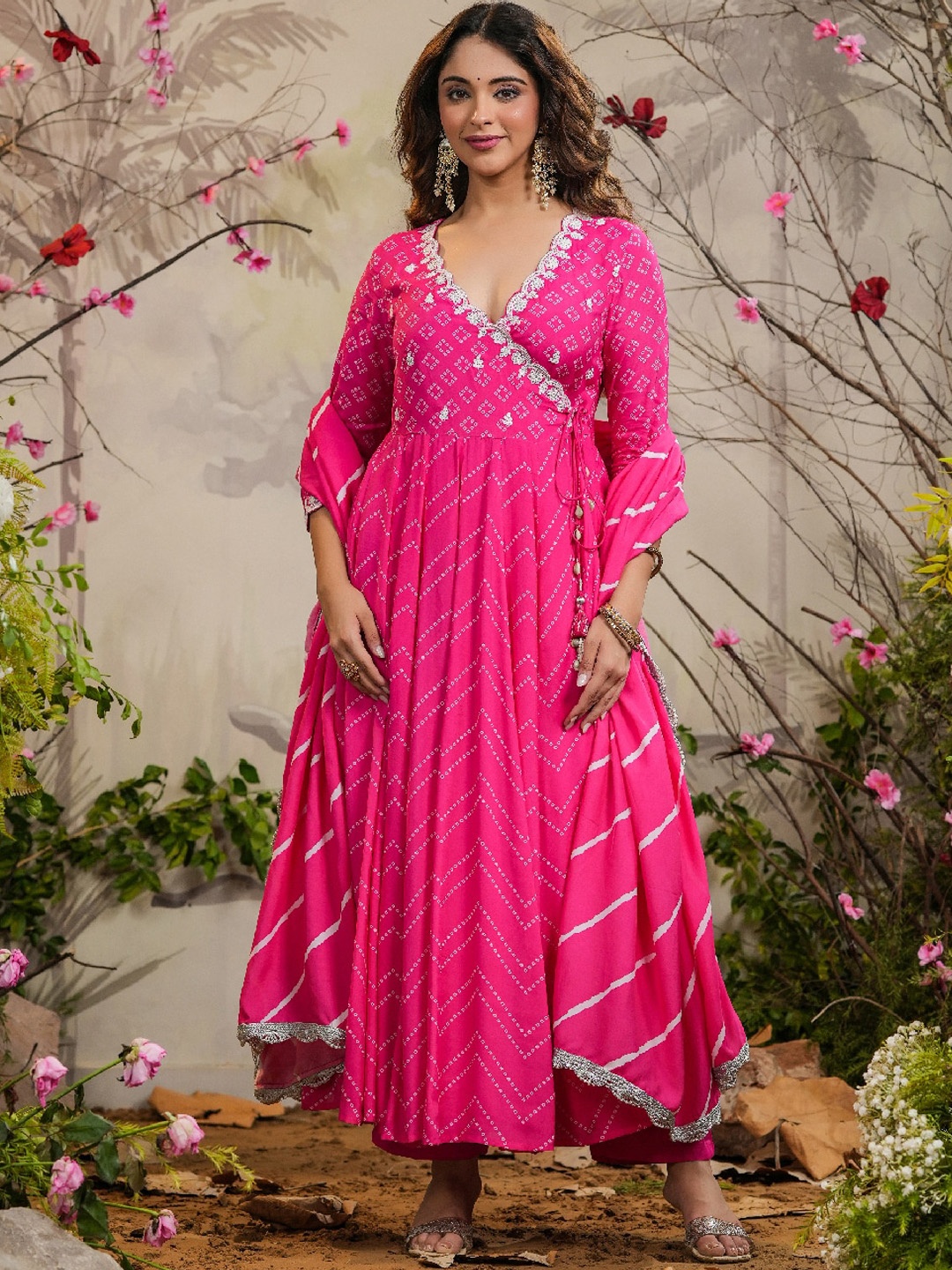 

EverBloom Bandhani Printed Angrakha Kurta & Trousers With Dupatta, Pink