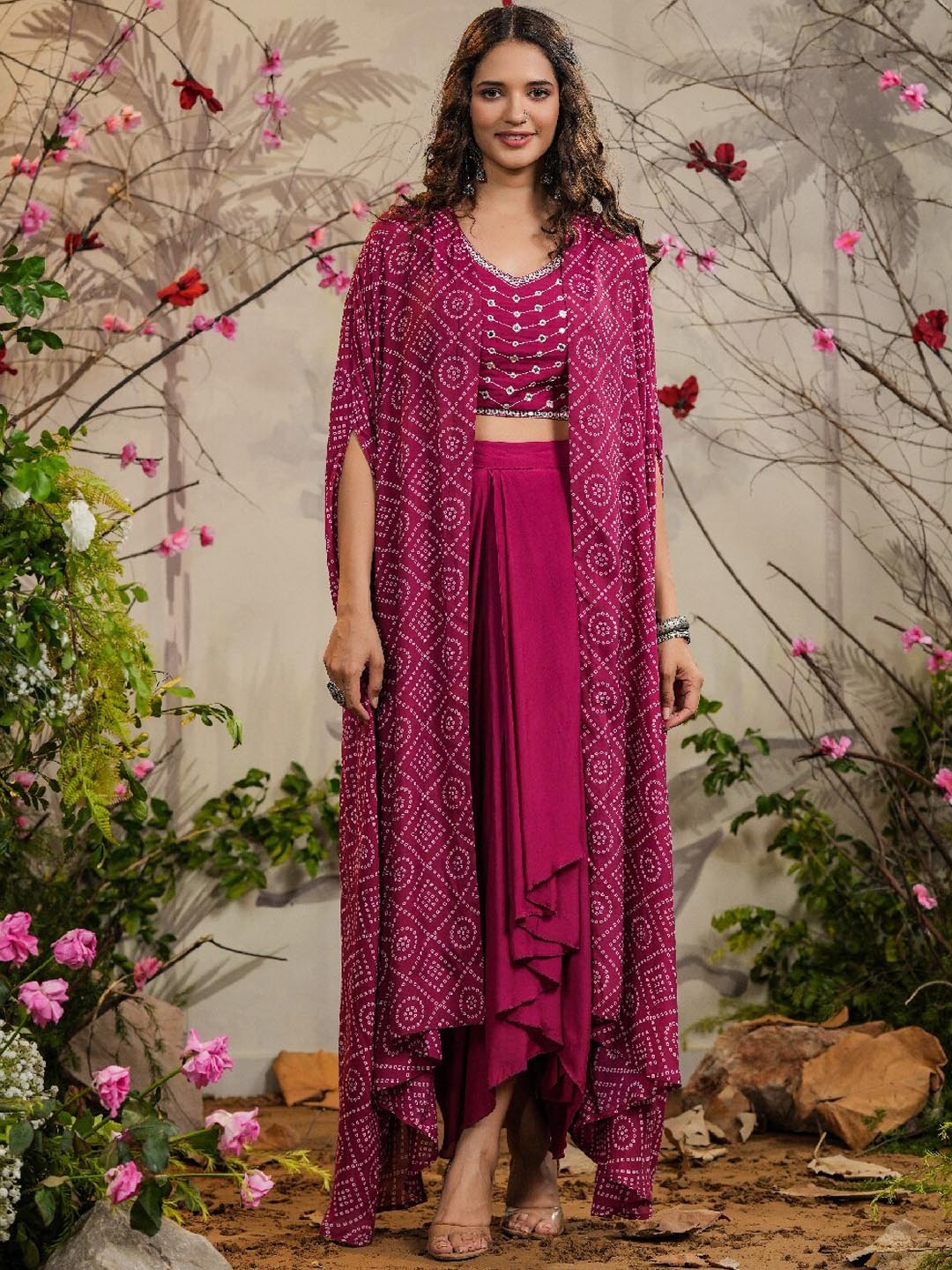 

EverBloom Ethnic Motifs Printed Top & Skirt With Shrug, Magenta