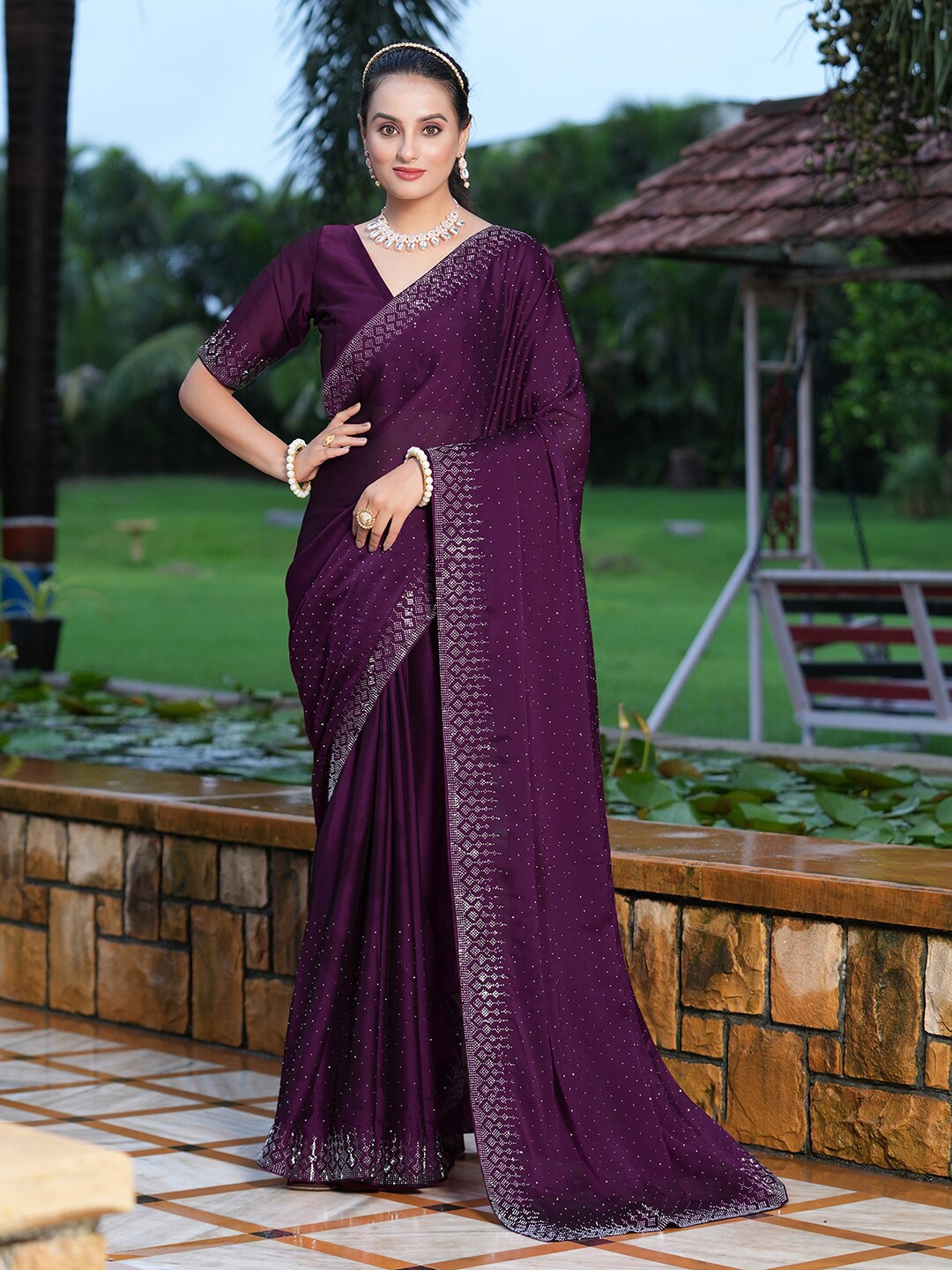 

Satrani Burgundy & Silver-Toned Embellished Beads & Stones Detail Saree