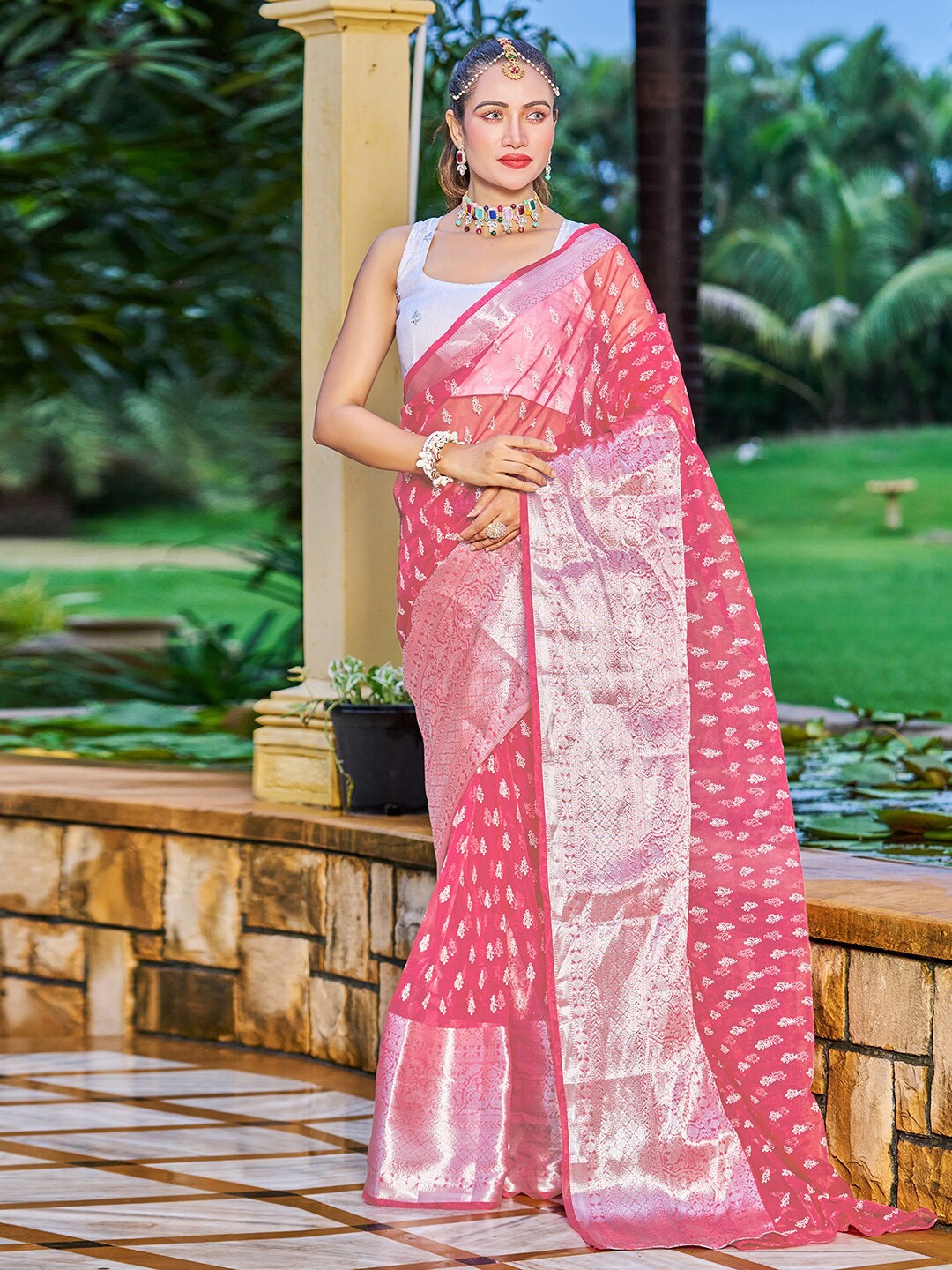 

Satrani Pink & Silver-Toned Ethnic Motifs Woven Design Zari Organza Saree