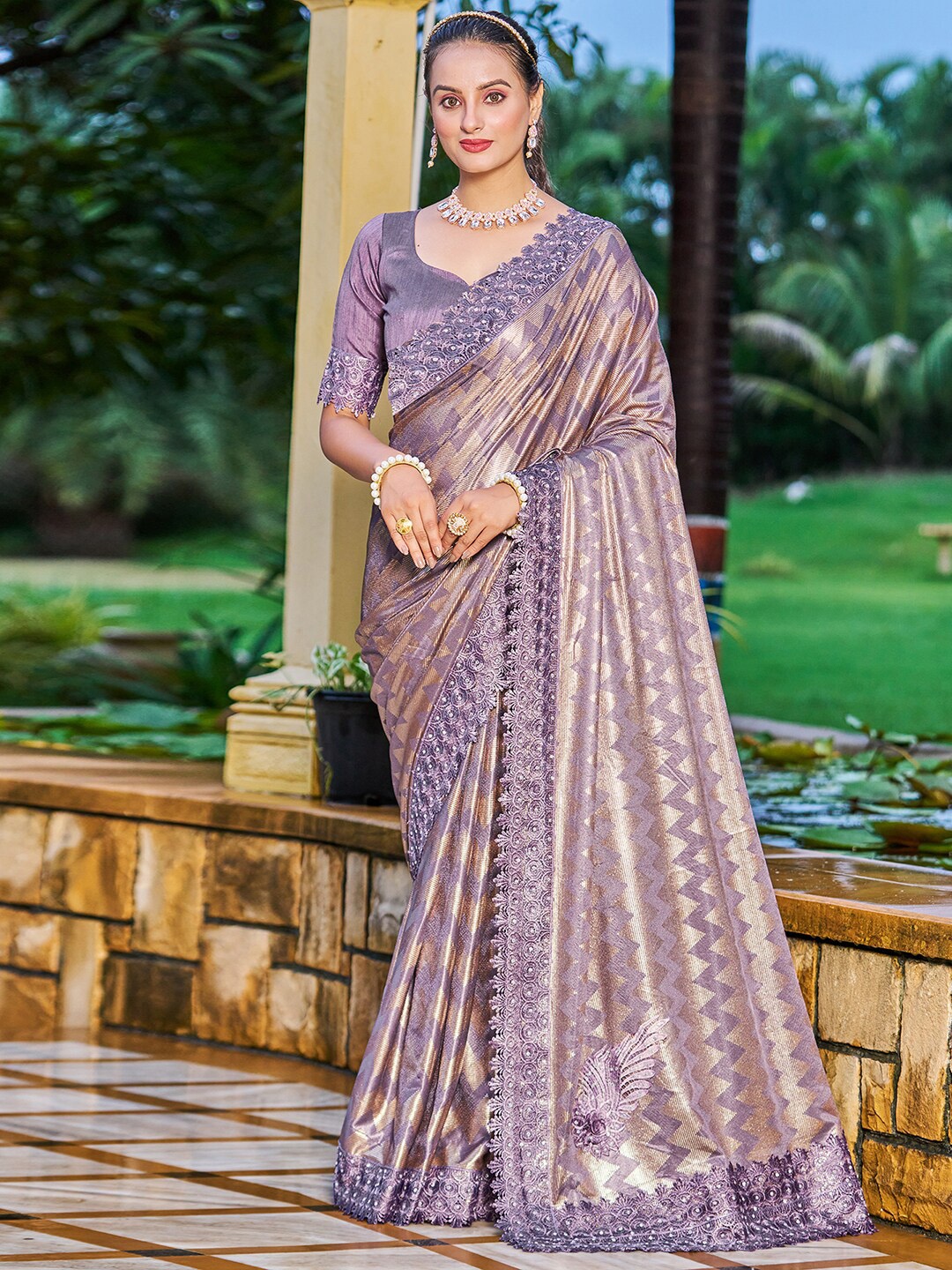 

Satrani Lavender & Blue Woven Design Embroidered Saree