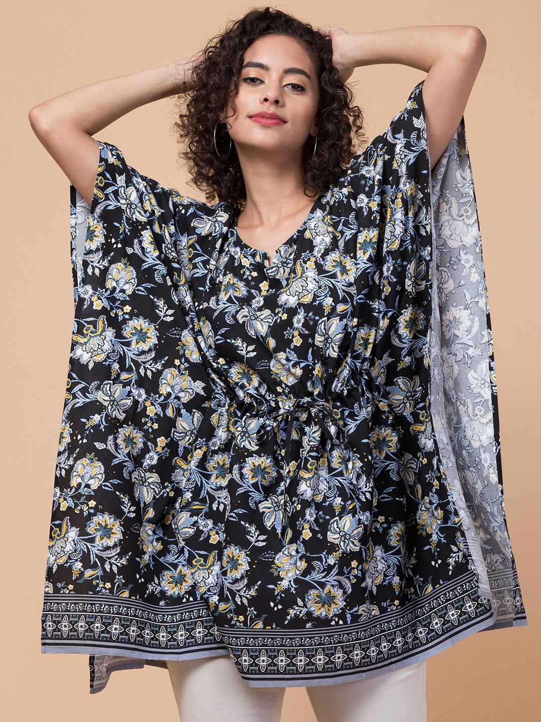 

Hive91 Floral Printed Kimono Sleeves Kaftan Top, Black